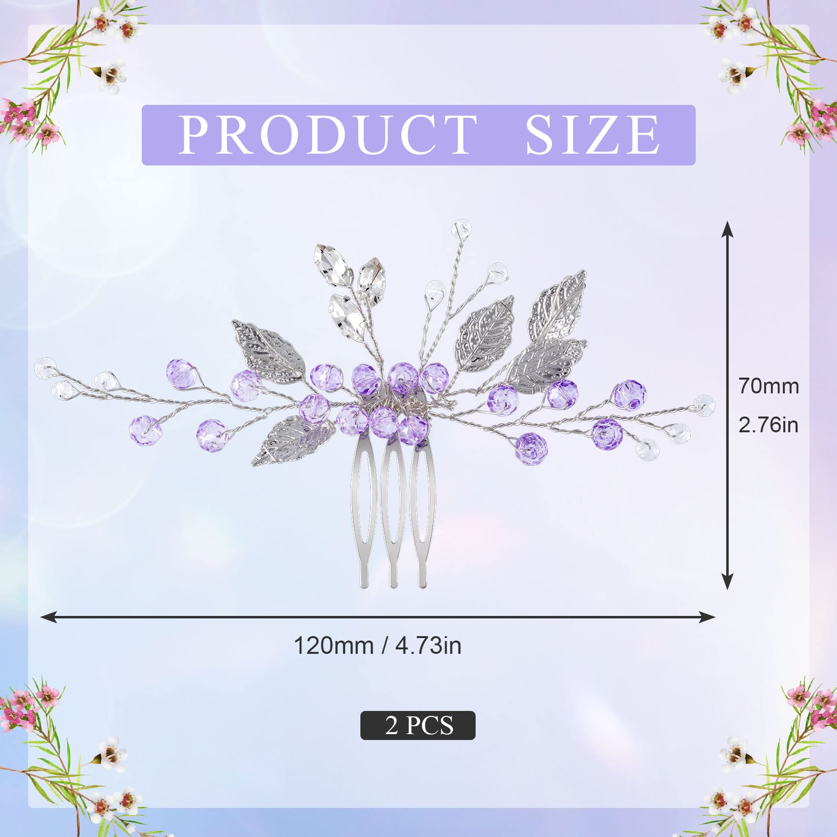 PAGOW 2PCS Leaf Hair Combs, Purple Rhinestone Hair Comb Clips, Hair Side Comb Clips, Crystal Wedding Headpiece Hair Accessories