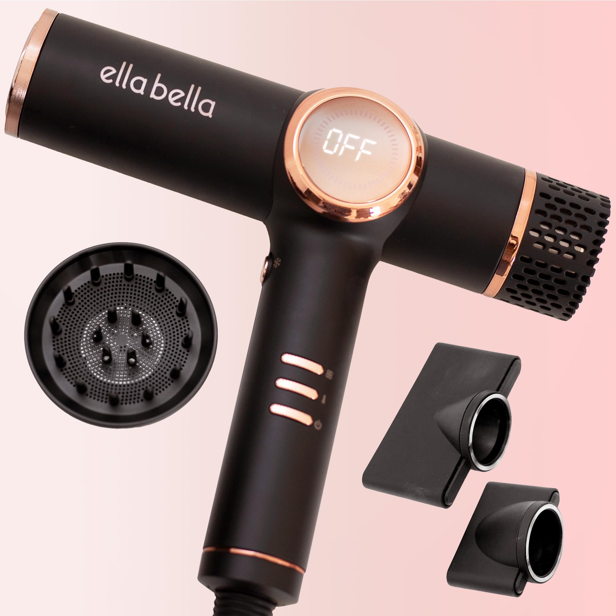 ELLA BELLA Professional Ionic Hair Dryer with Diffuser  Negative Ion Blow Dryer  Suitable All Hair Types  Intelligent Heat Contr