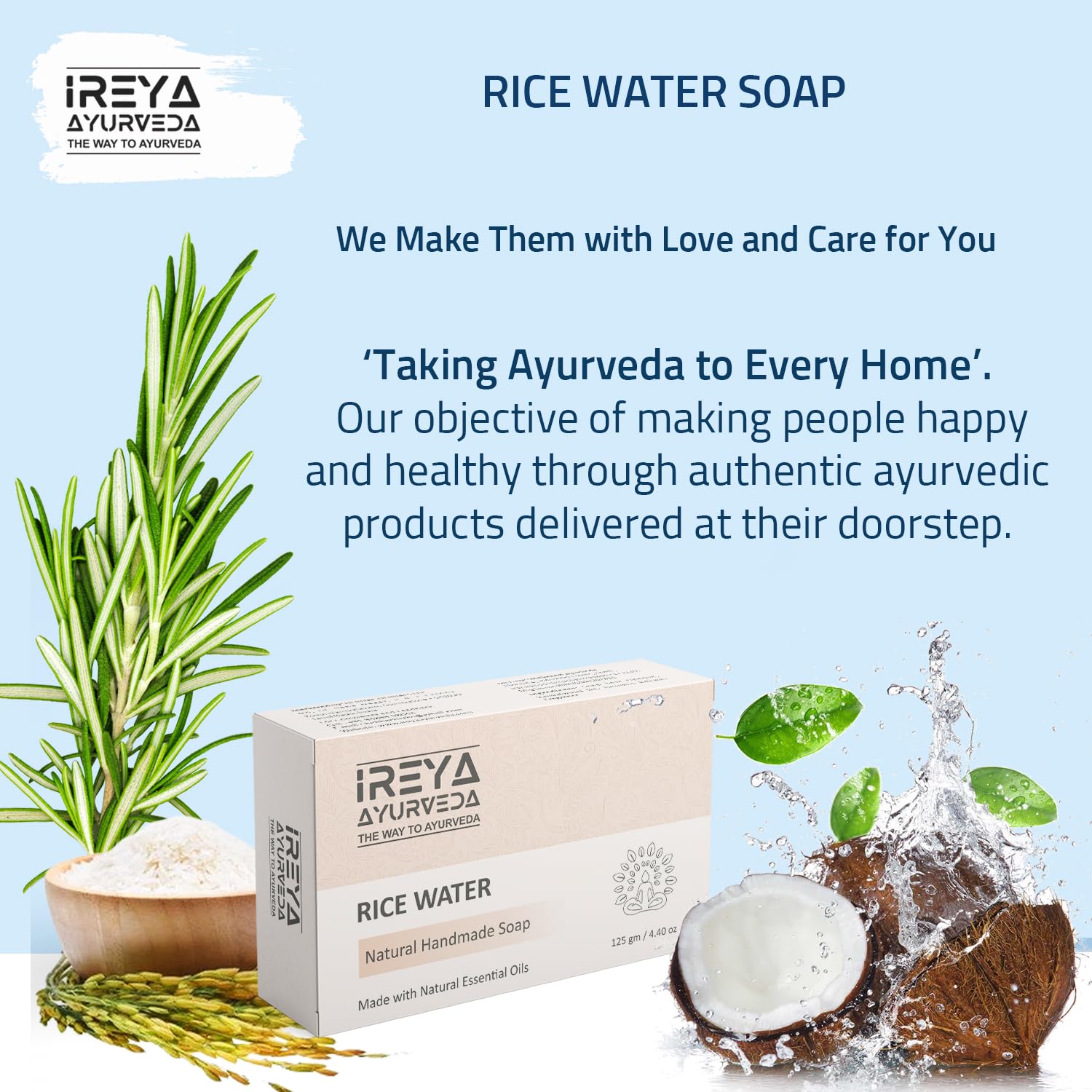 Ireya Ayurveda Rice Water Rosemary & Coconut Handmade Soap | Rice Water, Coconut Oil, Rosemary Oil, Natural, Vegan, Moisturizing