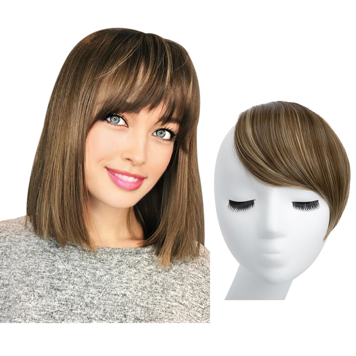 Sarla Straight Side Bangs Extension Clip In Synthetic Hair Pieces For Women Ash Medium Brown/Ash Blonde