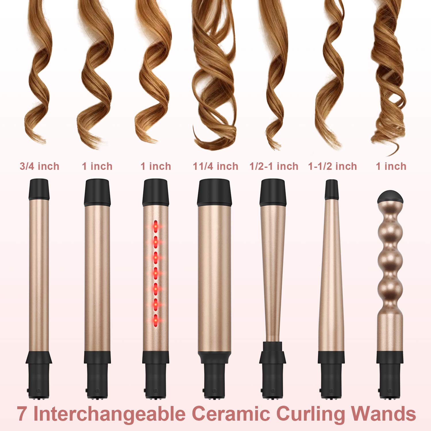 7-in-1 Infrared Curling Iron Wand Set, Dual Voltage Curling Wand with Temperature Control, Auto Shut Off, Hair Curler for Wavy/A