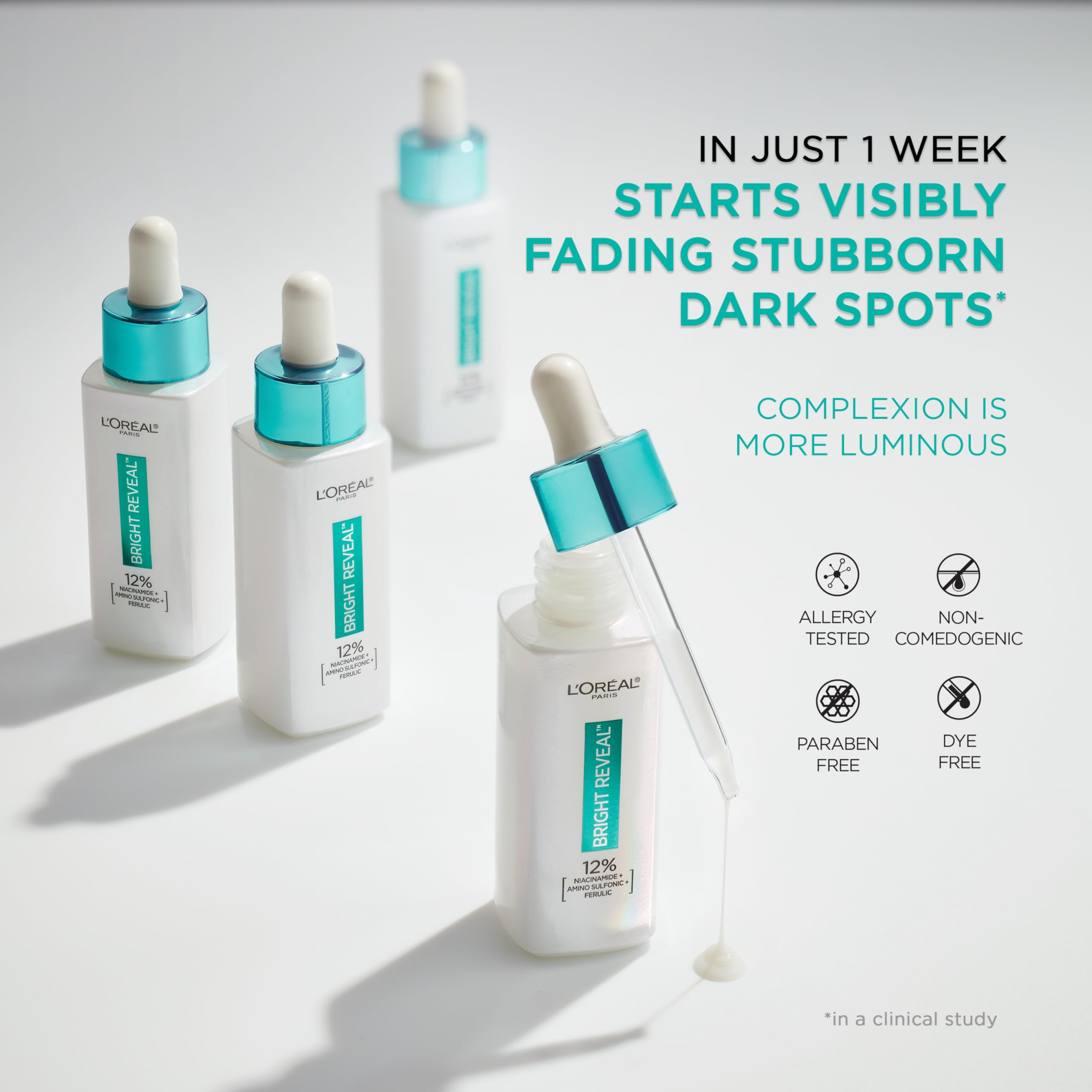 LOr  al Paris Bright Reveal 12% [Niacinamide + Amino Sulfonic + Ferulic] Dark Spot Serum 1oz + Moisturizer Sample