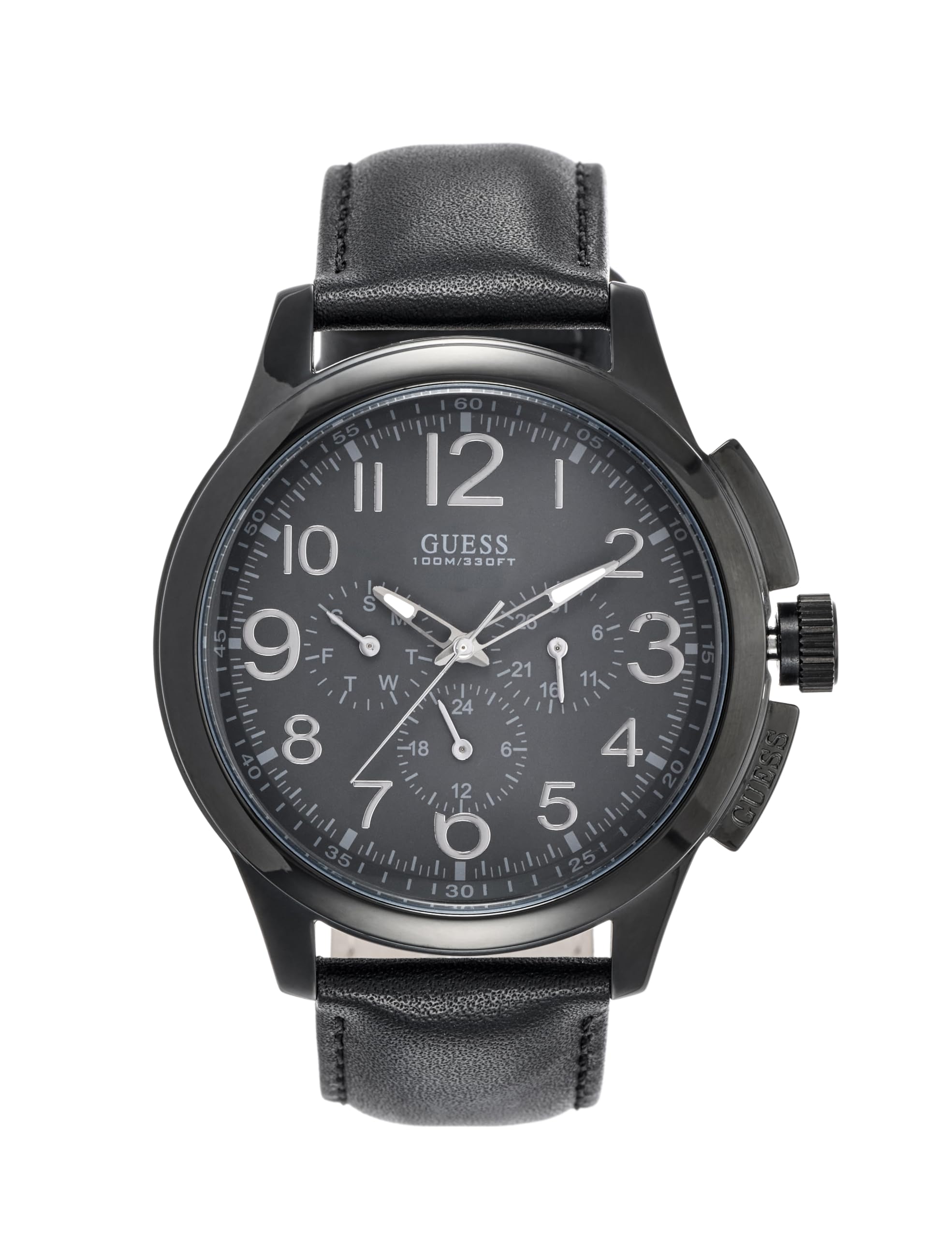 Guess Leather Black Dial Men MultiFunction Analog Watch  U10628G1M, Black Band