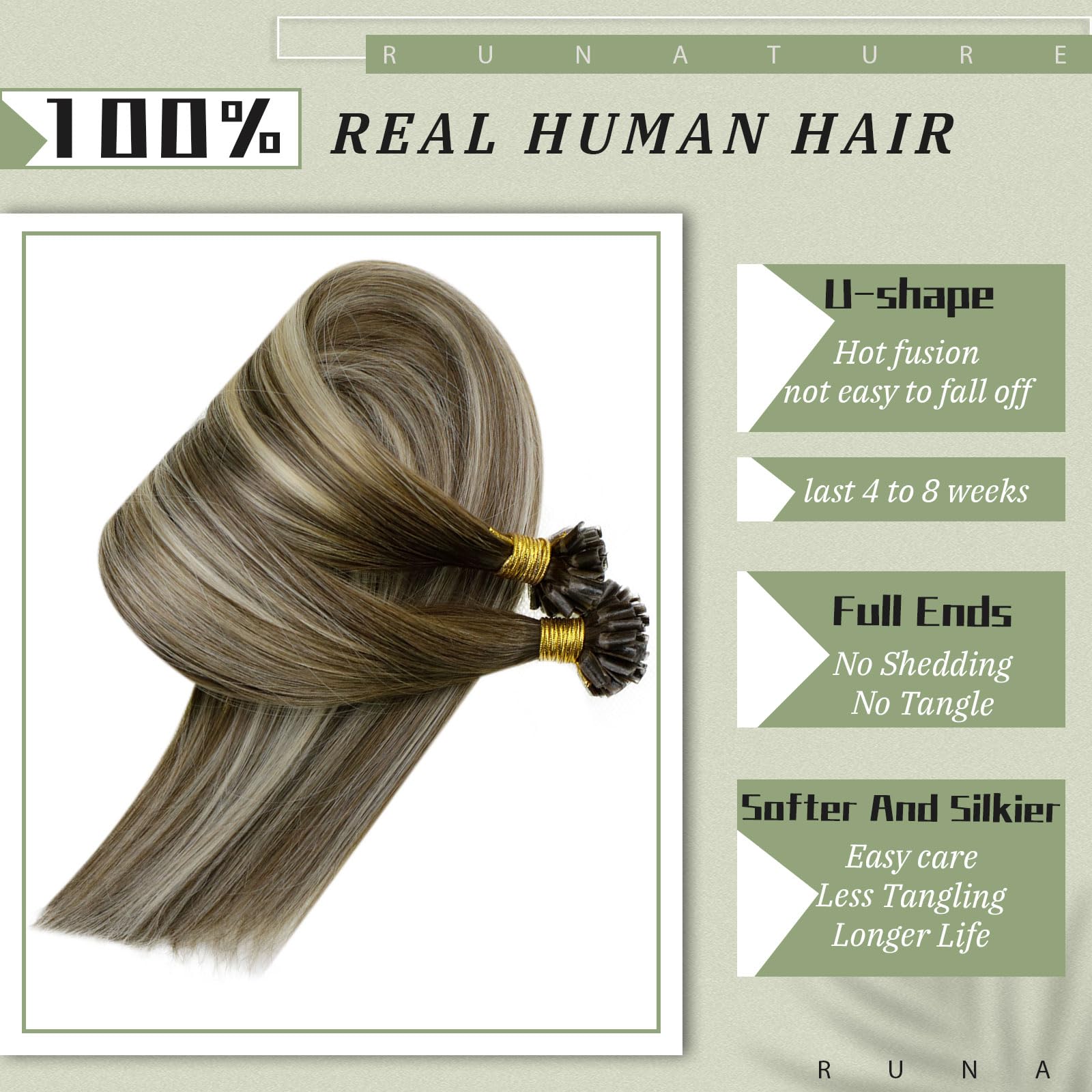 Runature Balayage U Tip Hair Extensions Real Human Hair 20 Inch Straight U Tip Human Hair Extensions Hot Fusion Ombre Walnut Bro