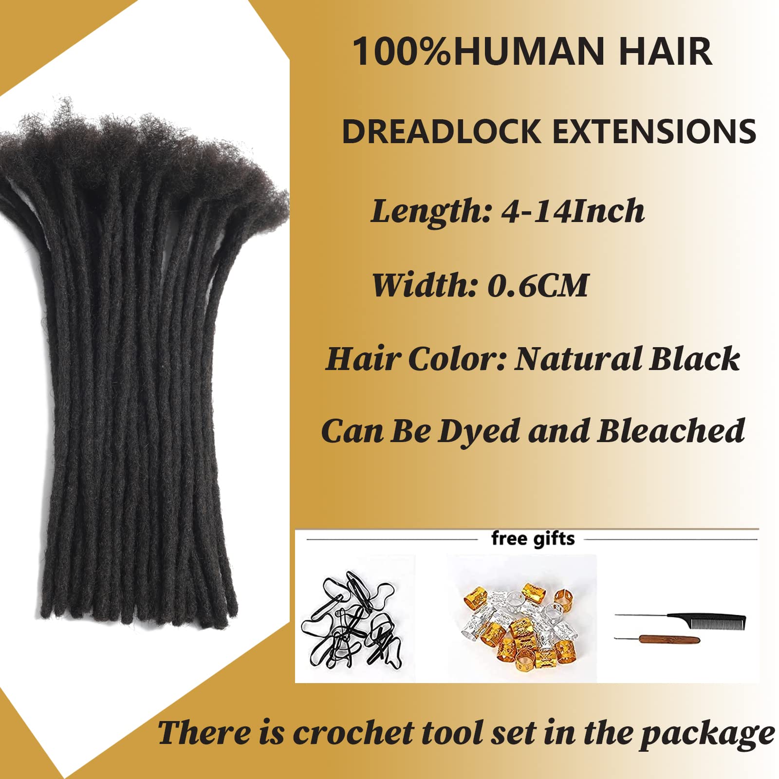Loc Extensions Human Hair 14 Inch 100 Strands 0.6Cm Width Handmade Permanent Dreadlock Extensions For Women, Men Can Be Dyed,Cur