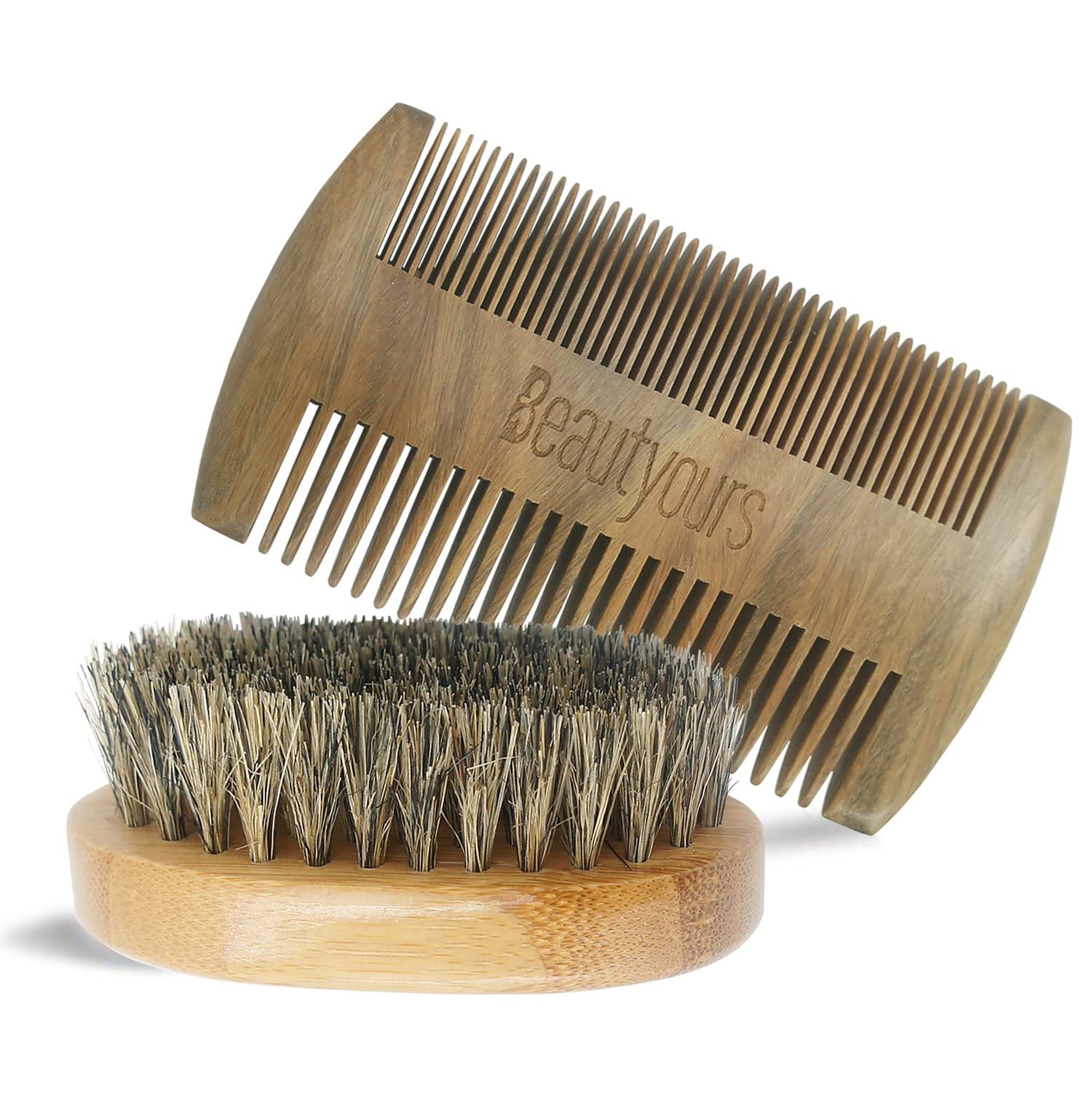 Beard Brush Kit Boar Bristle Brush And Sandalwood Comb With Storage Bag For Men, Fine & Coarse Teeth Dual Brush For Mustache Ant