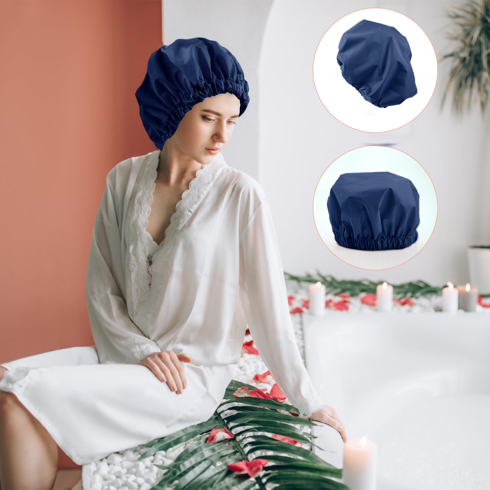 Reusable Shower Cap For Women, Large Waterproof Shower Bonnet Washable Elastic Band Bath Hair Hat For Long Hair, Braids(Navy)