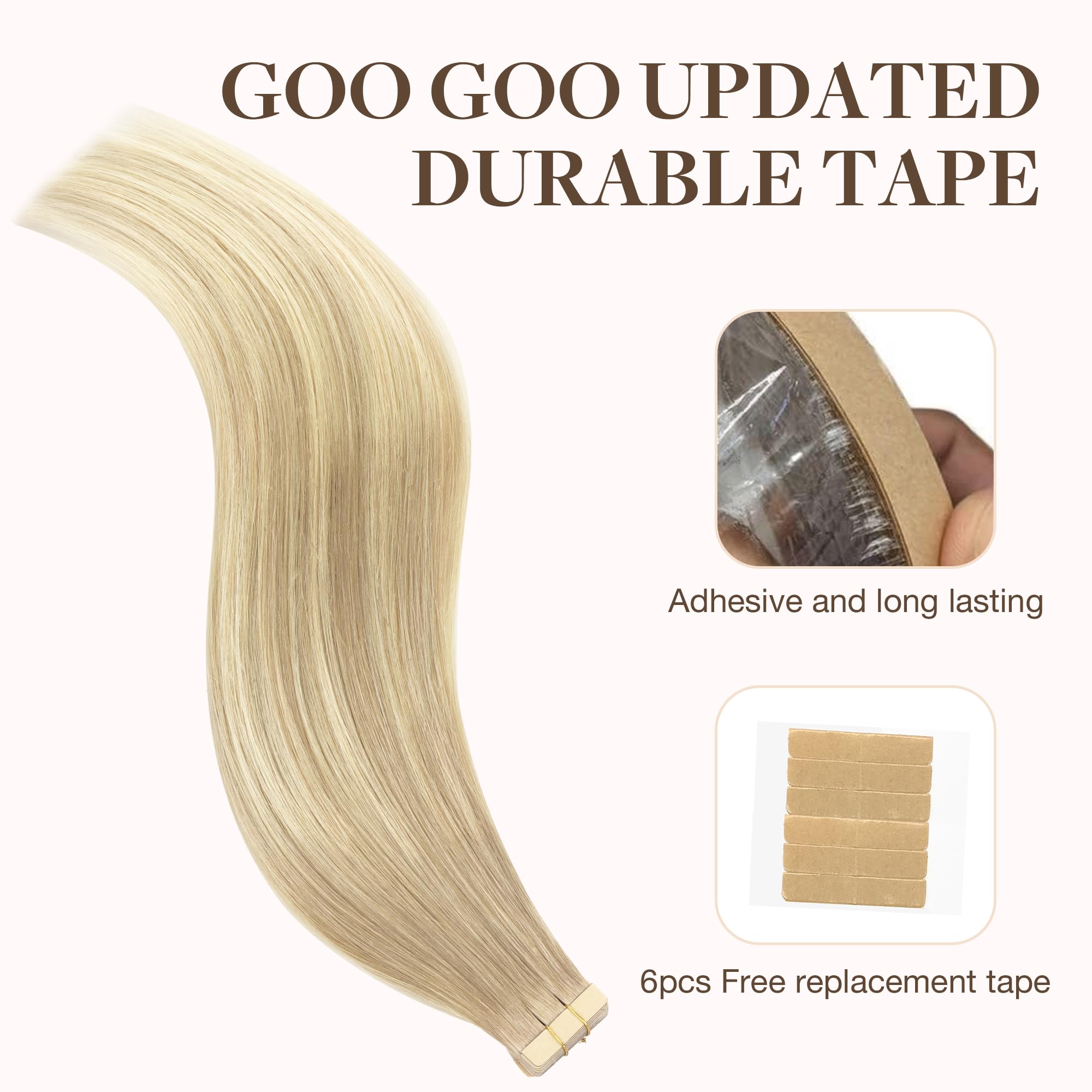 Goo Goo Tape In Hair Extensions Human Hair, 18Et90A Natural Blonde Balayage, 14Inch 100G 40Pcs, Thick Ends Straight Seamless Tap