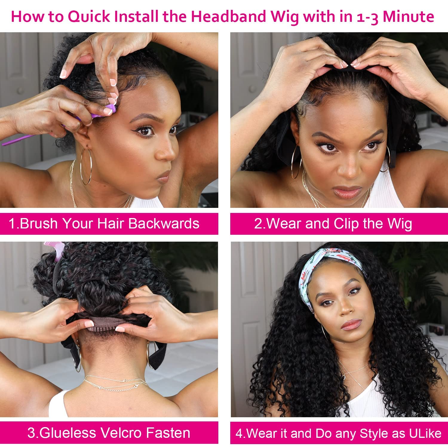 AISI Headband Wig Human Hair Curly Wigs for Black Women Brazilian None Lace Front Wigs 150% Density Natural Black Headband Wigs