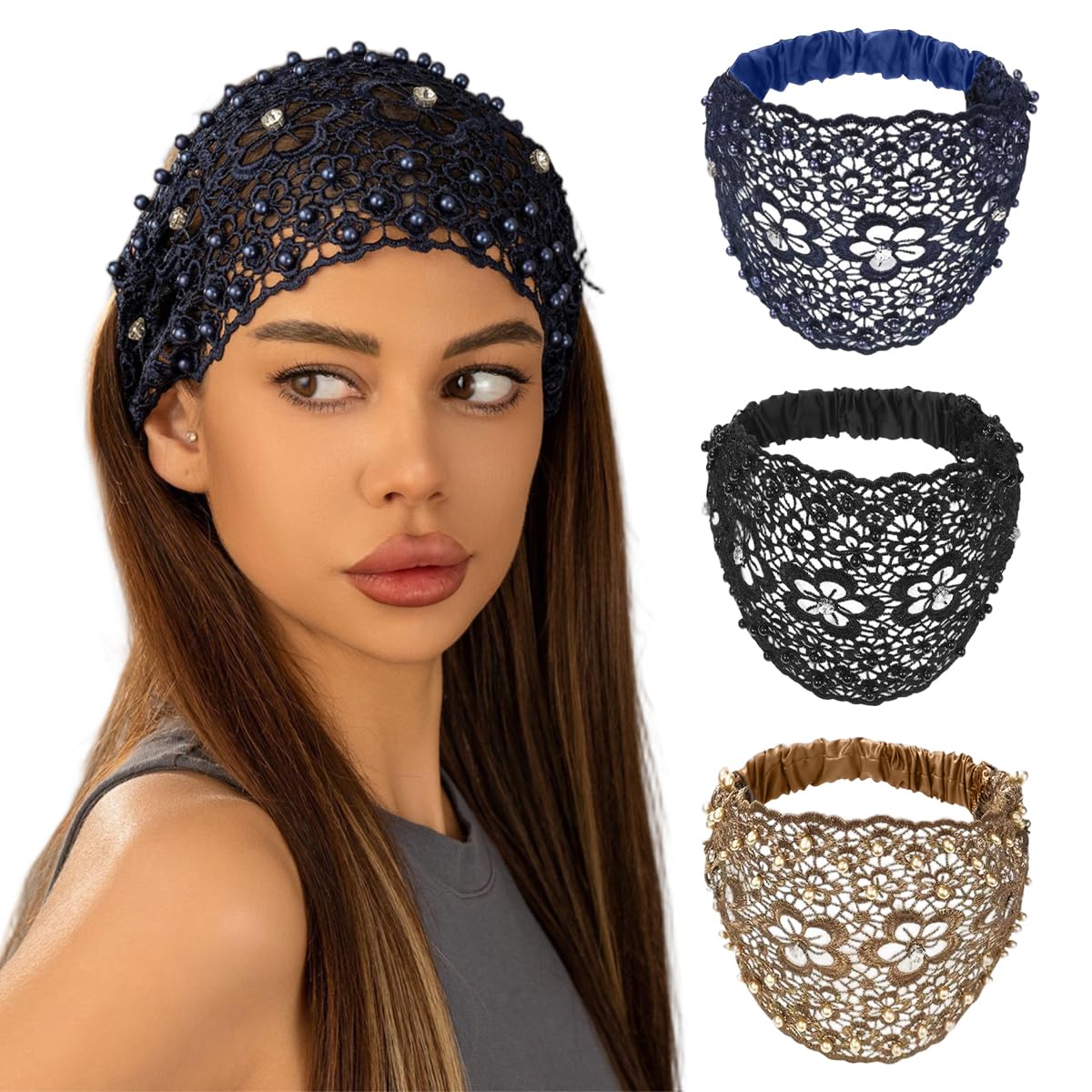 Sannidhi Wide Lace Headband For Women Hair Bands HollowOut Floral Pattern With Elastic Bands, Elegant Hair Accessory To Cover H