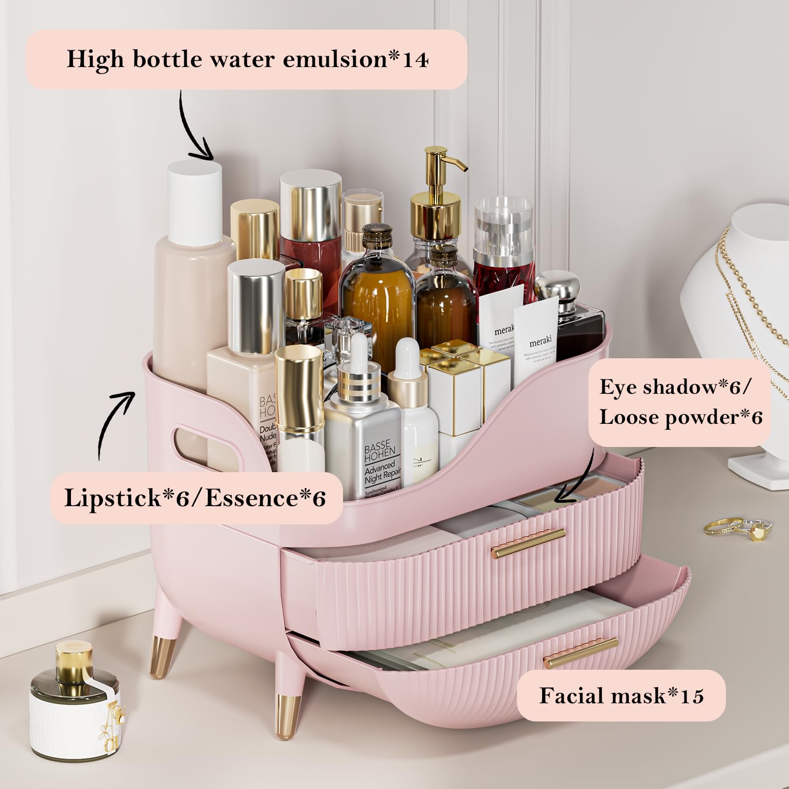 Makeup Organizer For Vanity, Large Capacity Skincare Cosmetic Organizer Countertop With 2 Drawers, Cosmetic Display Cases Makeup