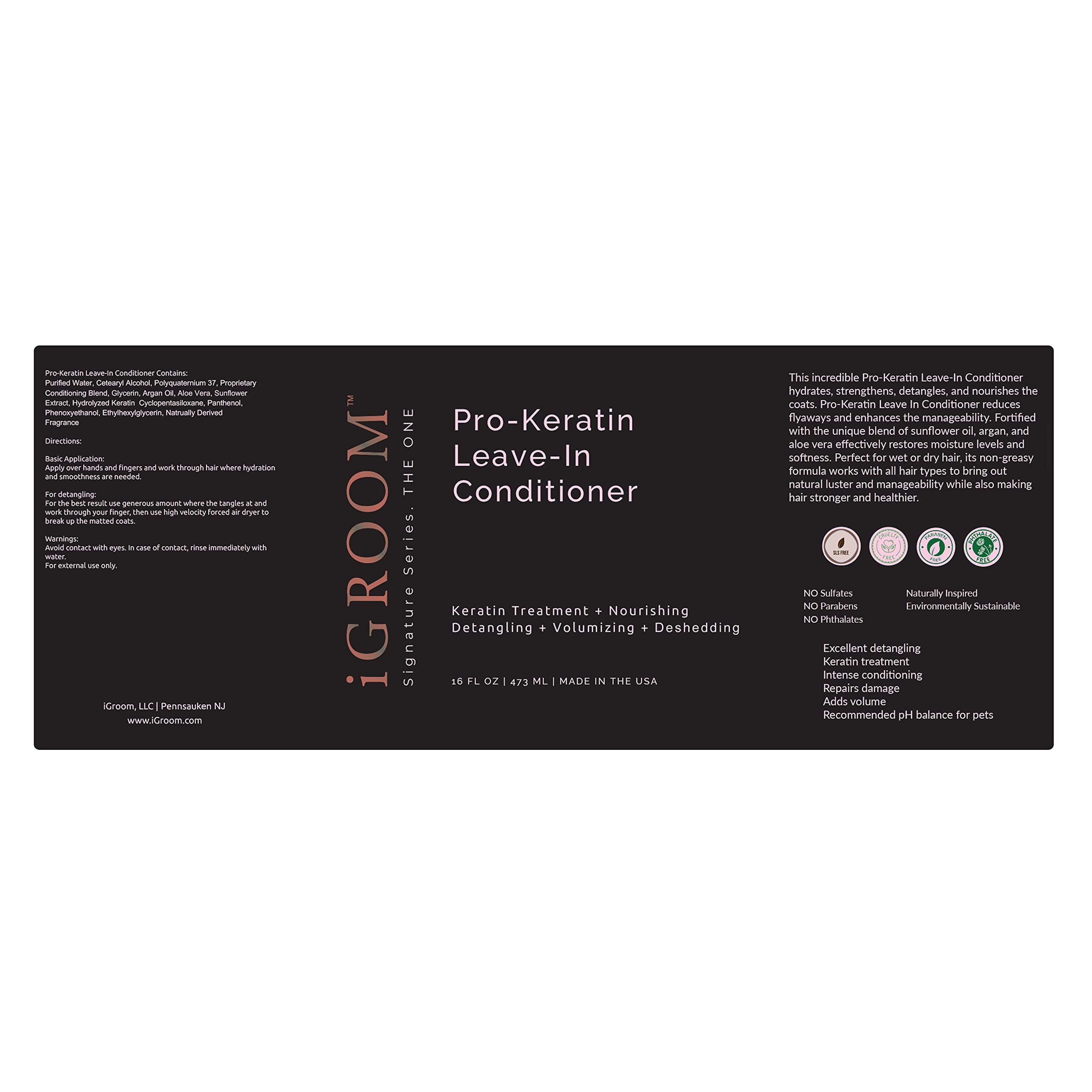 iGroom Pro-Keratin Leave-in Dog Conditioner, Luxury Pet Beauty Care, Keratin Treatment, Excellent Detangling, Made in USA, 16 oz