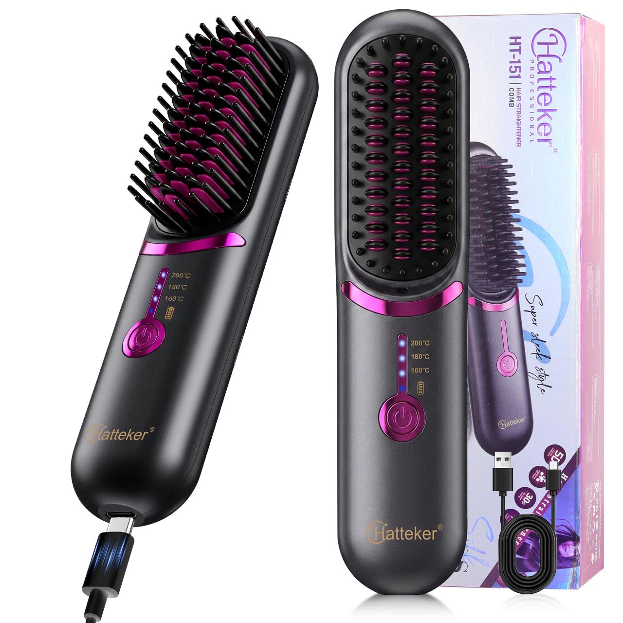 Hatteker Cordless Hair Straightener Brush, Portable Hair Brush for Travel