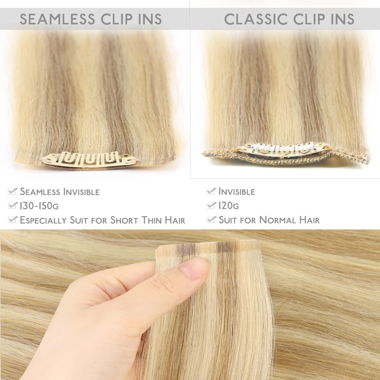 Wennalife Seamless Clip In Hair Extensions, 22 Inch 7Pcs 150G Light Blonde Highlighted Golden Blonde Hair Extensions Clip In Rea