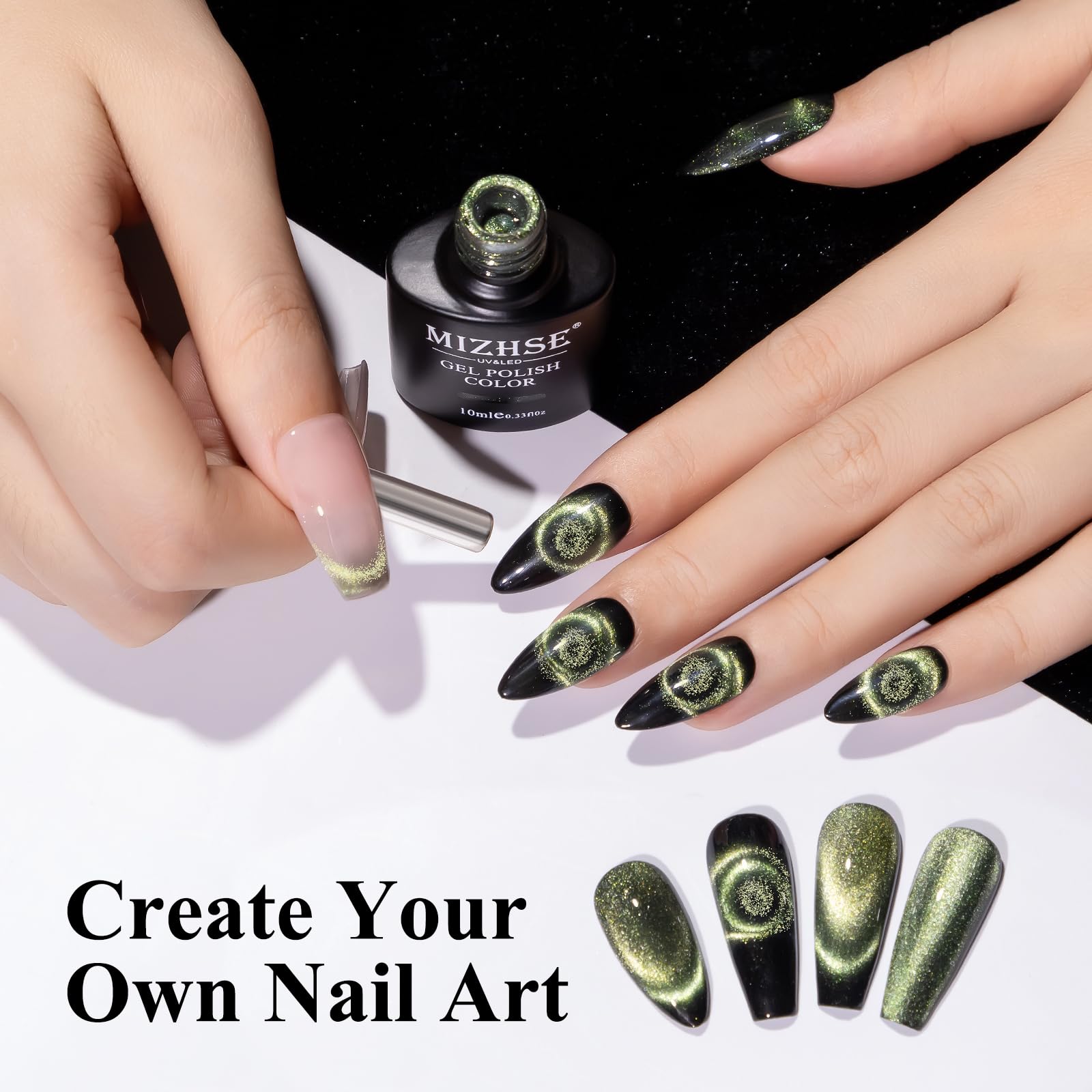 Mizhse 9D Cat Eye Gel Nail Polish, Light Green Magnetic Gel Polish With Magnet Stick, Magic Galaxy Effect Holographic Glitter Si