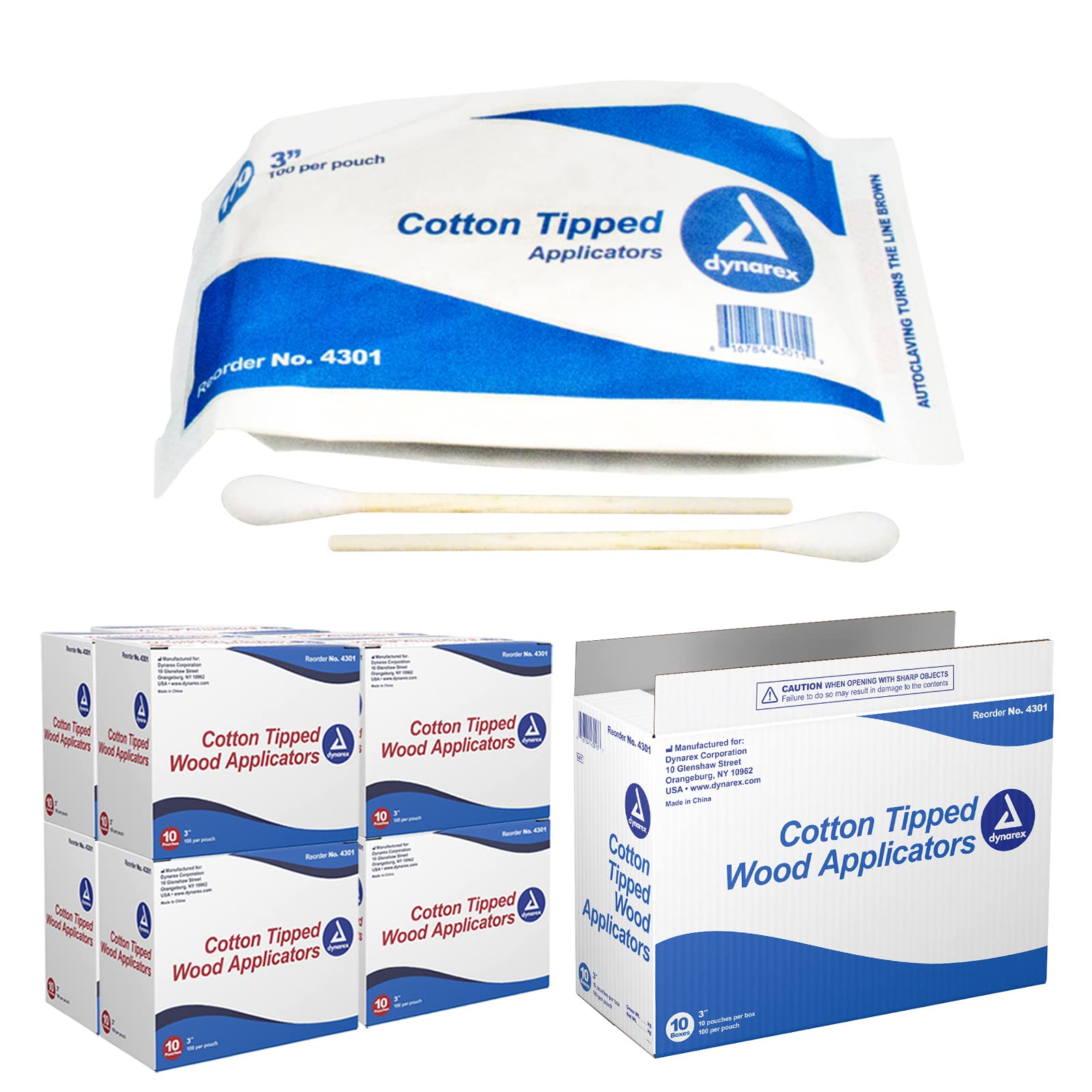 Dynarex 3-Inch Non-Sterile Cotton Tipped Applicators - Single-Use Wooden Cotton Tip Applicators For Wound Care, Hygiene, Makeup,