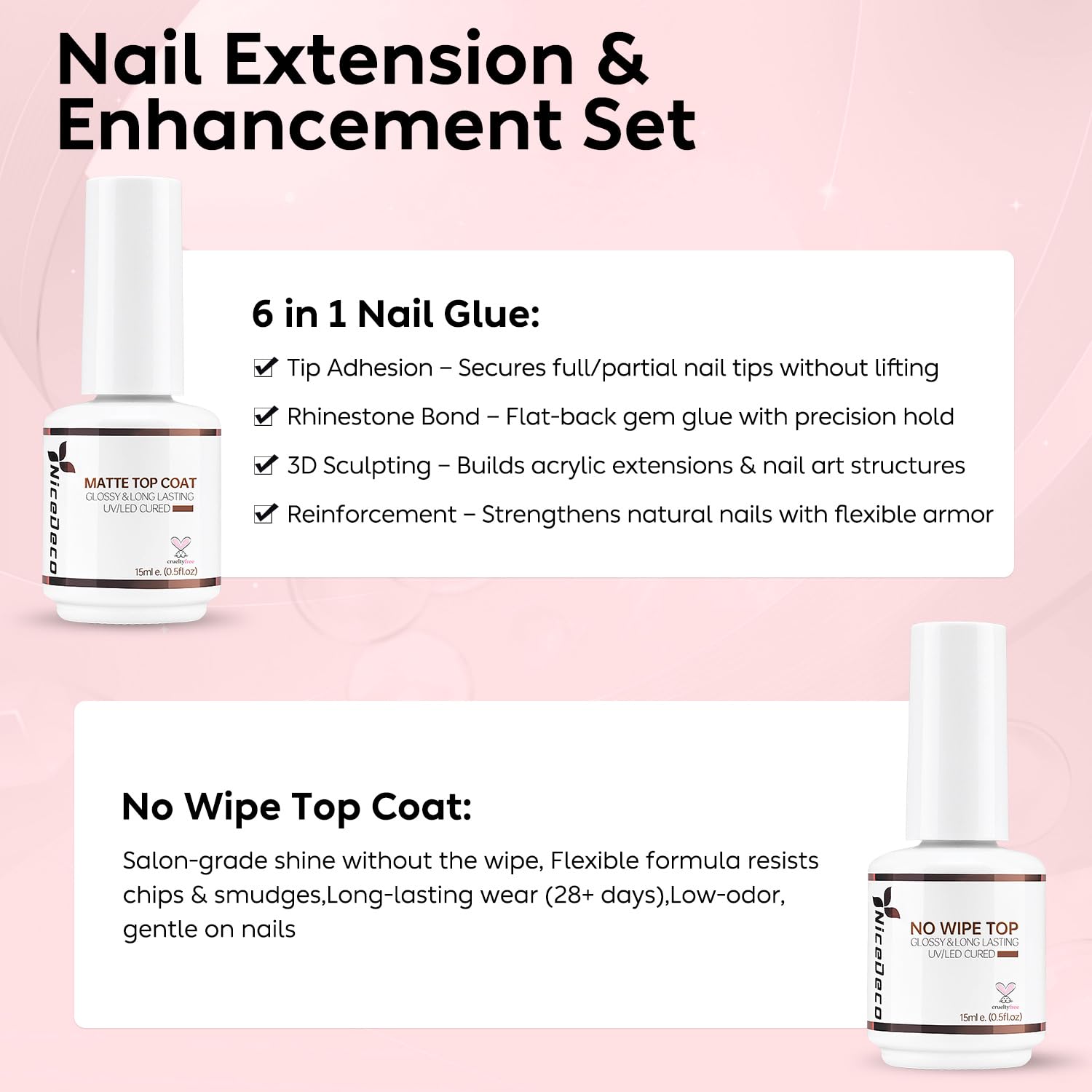 Nicedeco Gel Nail Polish 6 in 1 Nail Glue Gel and No Wipe Top Coat Set, Hema Free, Cruelty Free, Vegan, 2PCS 15ML for Adhesive N