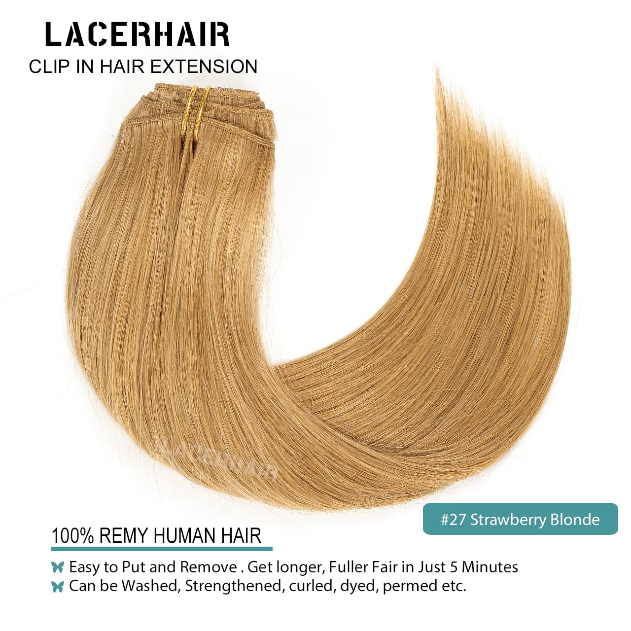 Lacer Hair Straight Hair Clip In Extensions Strawberry Blond 120G 7 Pieces Per Set Grade Quality Silky Straight Double Real Hair