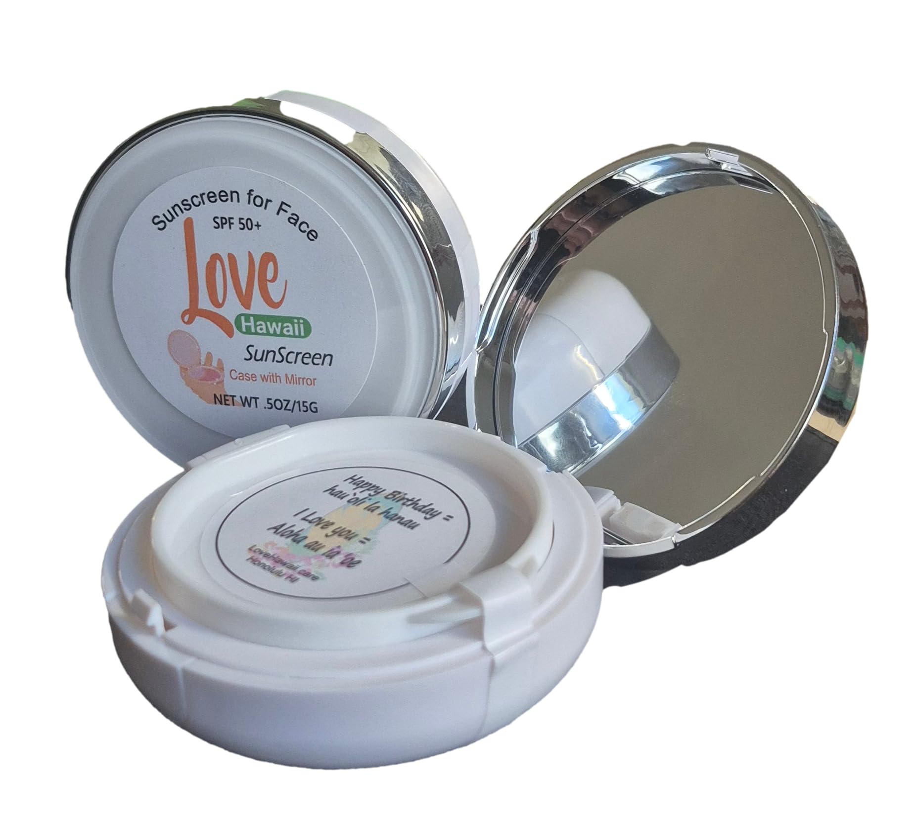 Love Hawaii Sunscreen Infused with Squalane for Face Sunscreen with Mirror in flip case pocket size. SPF 50+ Mineral based all n