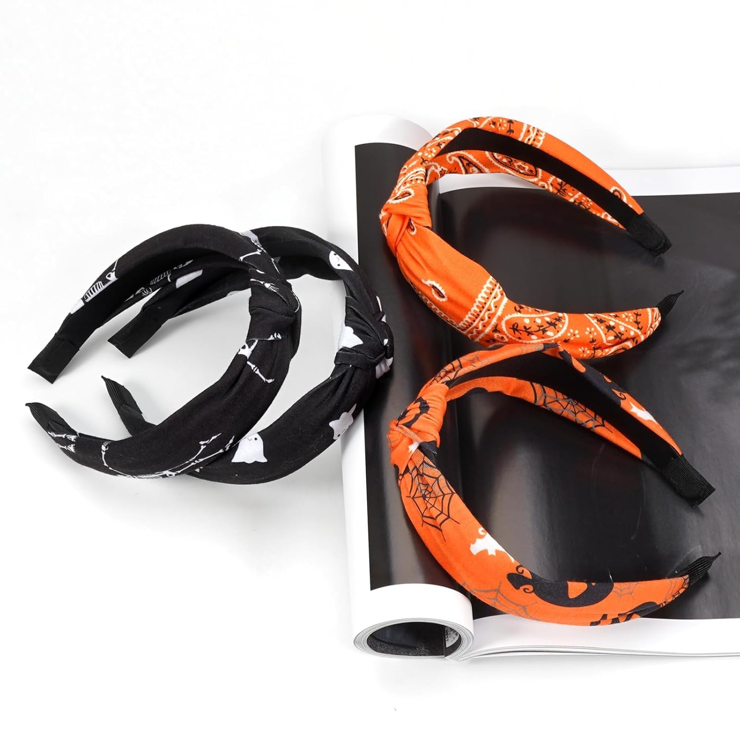 Bookay 4pcs Halloween Headbands Skeleton Skull Ghost Pumpkin Wide Knot Heabdands for Women Girls Orange Bandana Hairbands Fall H