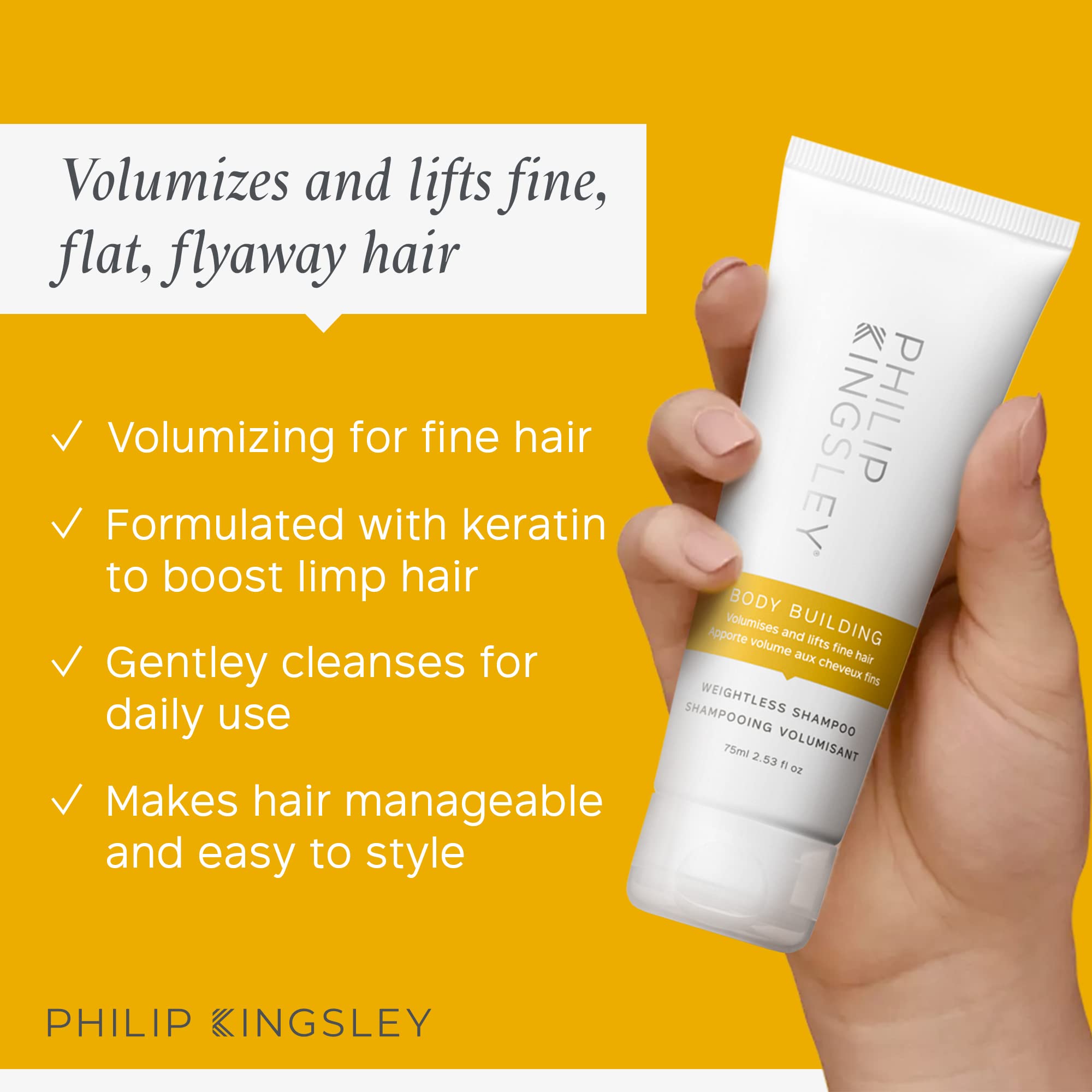 PHILIP KINGSLEY Body-Building Weightless Shampoo Volumizing for Fine Limp Flat Flyaway Hair, Adds Volume, Lifts, and Shine, 2.5