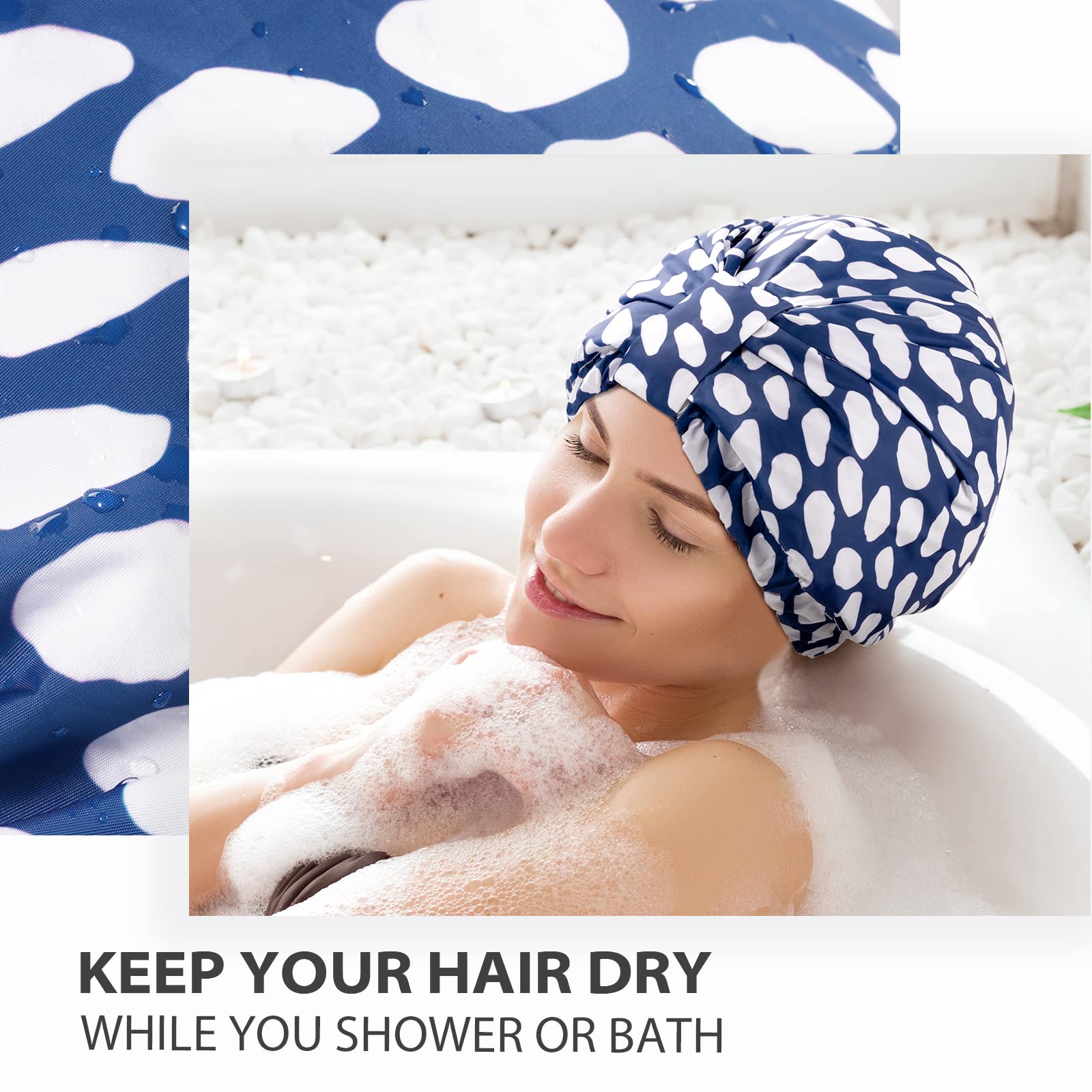 Innelo Luxury Shower Cap, Reusable Upgrade Waterproof Caps For Women, Adjustable Cap Hair With Satin Lined, All Styles Blue