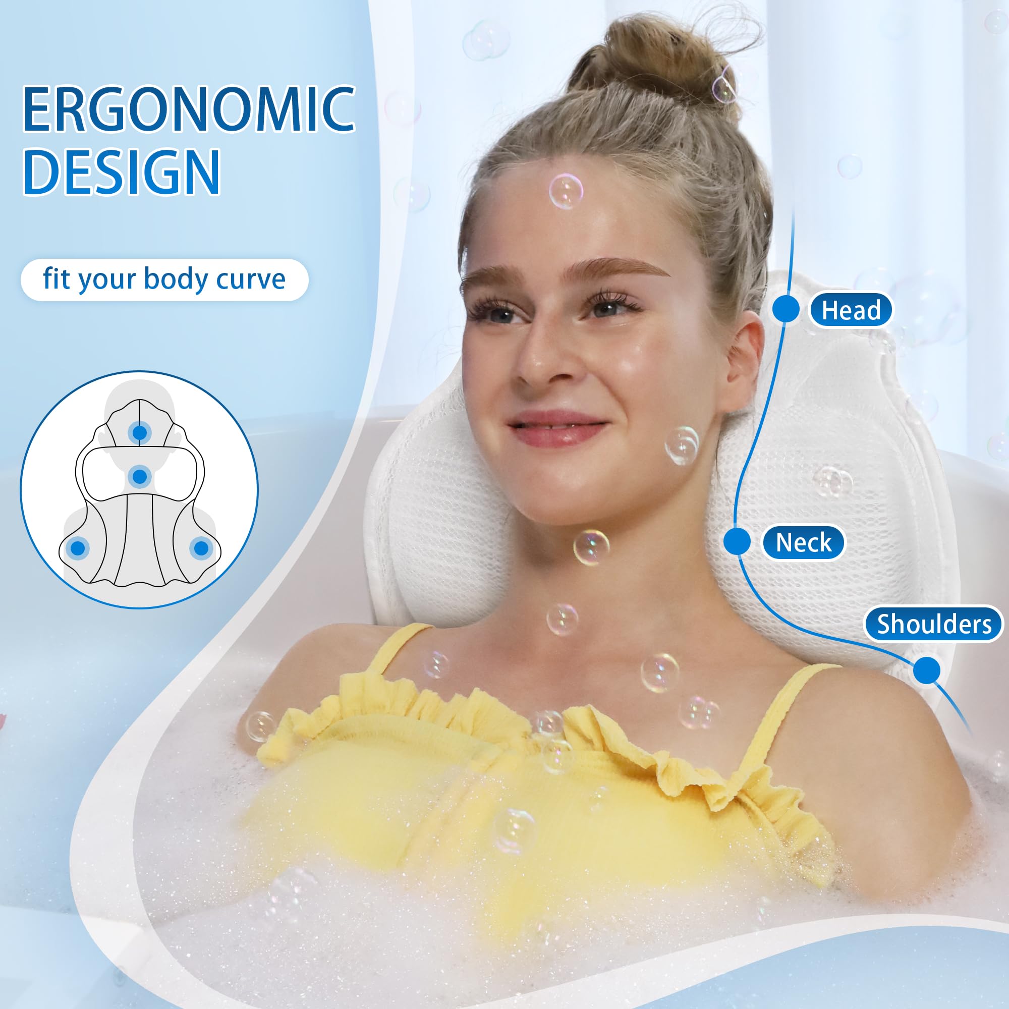 Poemland Bath Pillow For Tub, Luxury Bath Pillow Soft 4D Mesh, Bathtub Pillow For Soaking Tub With 6 Suctions Cups, Bath Tub Pil