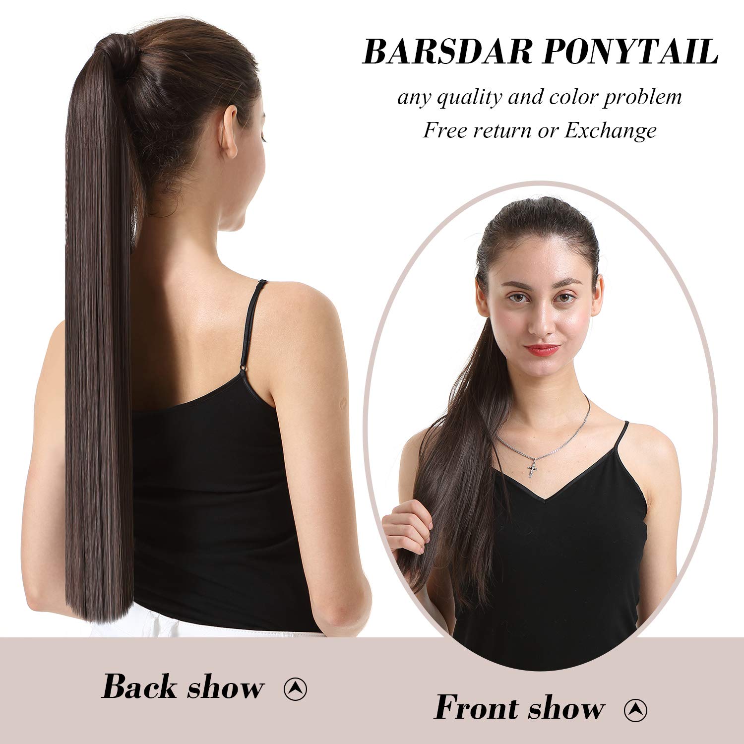Barsdar 30 Inch Ponytail Extension Long Straight Wrap Around Clip In Synthetic Fiber Hair For Women - Darkest Brown