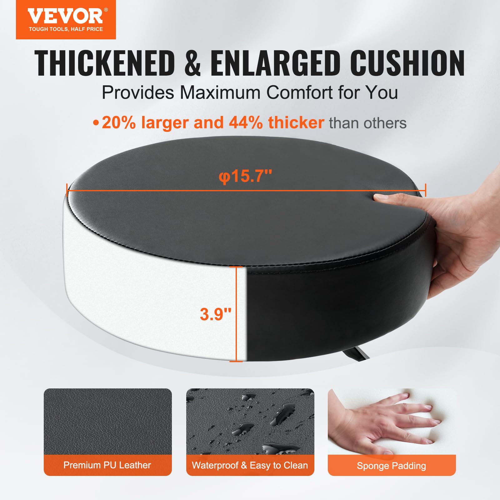 VEVOR Rolling Stool with Wheels, 400 LBS Capacity, Adjustable Height, Black, Nylon, Model PST001, 500x500x460 mm