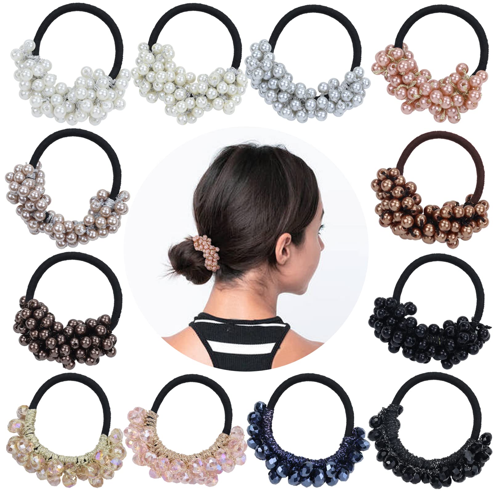 Cinaci 12 Pack Glitter Pearl Crystal Hair Scrunchies Stretchy Hair Ties Elastics Rubber Bands Ponytail Holders Hairbands Accesso