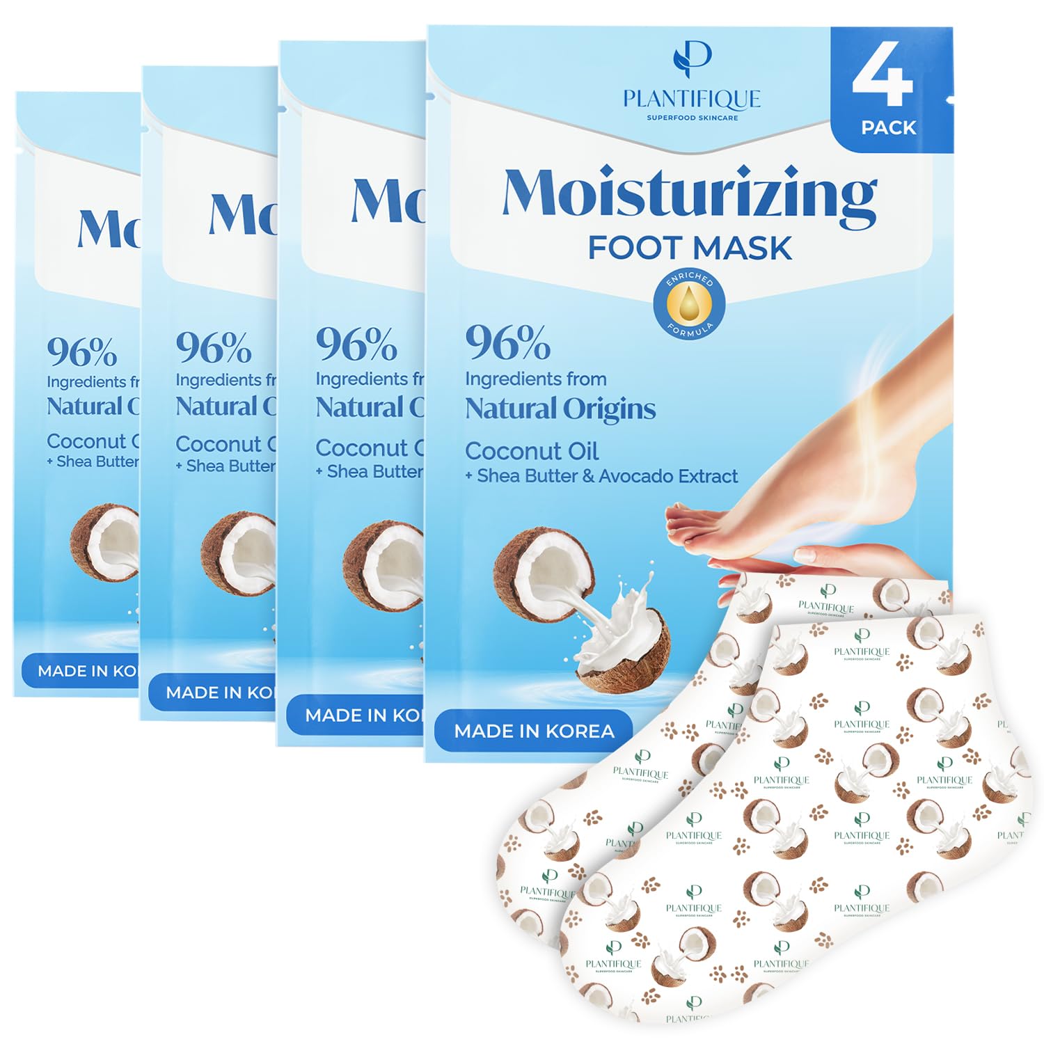 Plantifique Korean Foot Mask Moisturizing 4 Pairs Box For Dry & Cracked Feet - Hydrating Socks For Soft Heels - Intense Moisturi