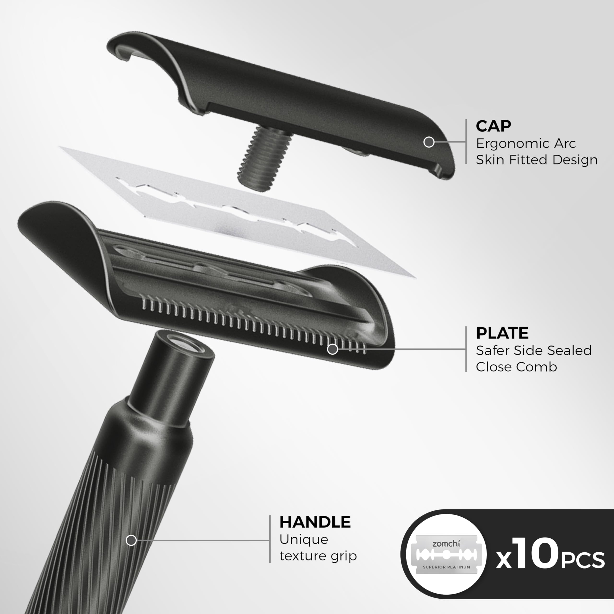 Zomchi Double Edge Safety Razor With Razor Stand, Mens Metal Razor With 10 Safety Razor Blades, Reusable Razor For Men & Women -
