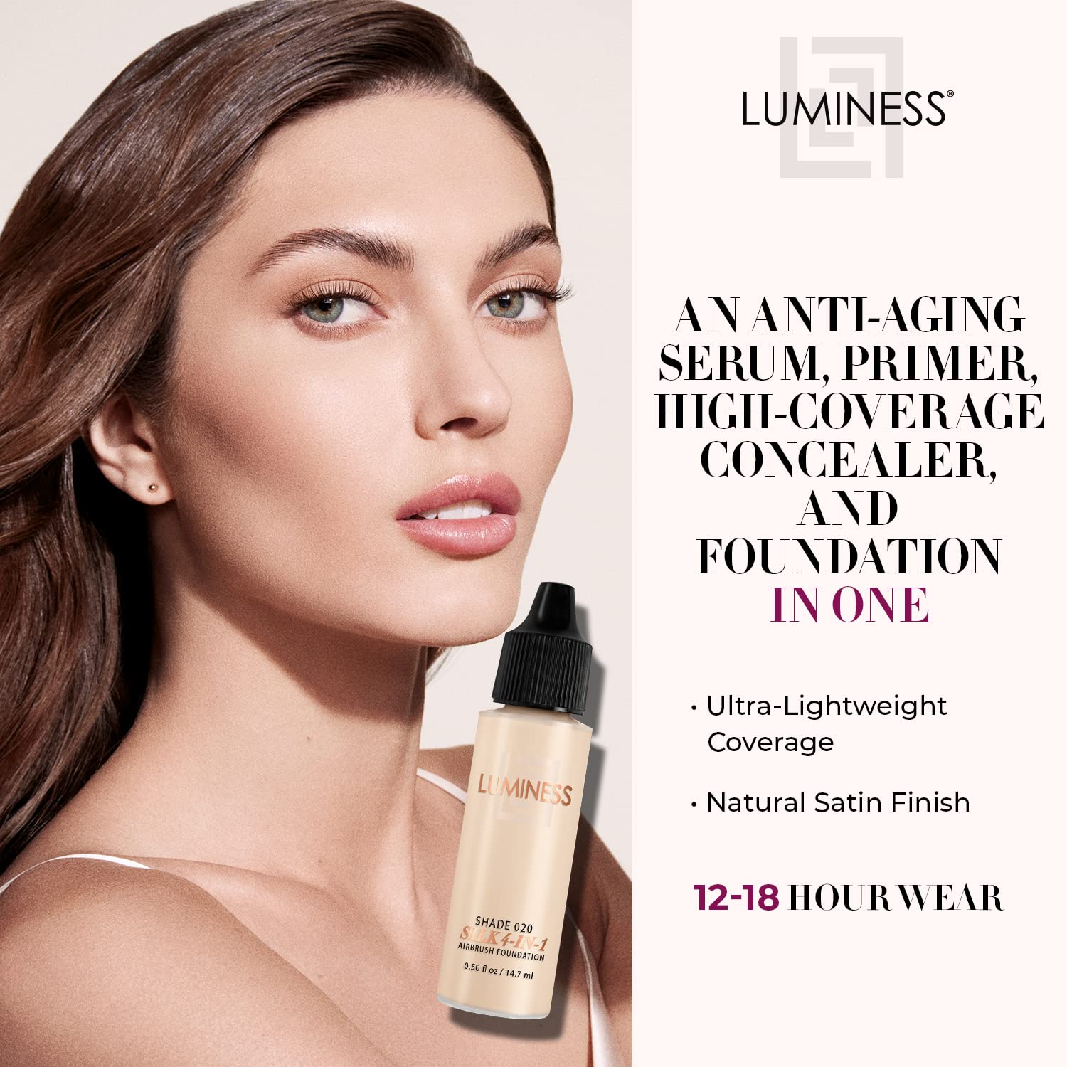 Luminess Air Silk 4-In-1 Airbrush Foundation- Foundation, Shade 020 (.5 Fl Oz) - Sheer to Medium Coverage - Anti-Aging Formula H