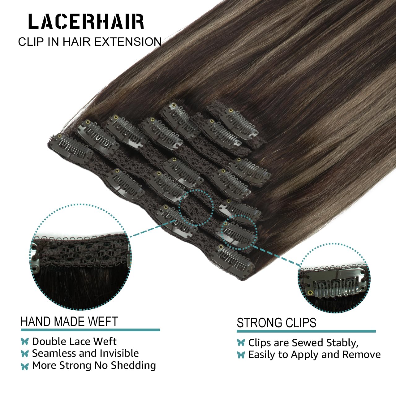 Lacer 140G 20 Inch Clip In Human Hair Extensions Thick Double Weft 7Pcs With 16 Clips Chestnut Brown Mixed Dark Brown With Dark