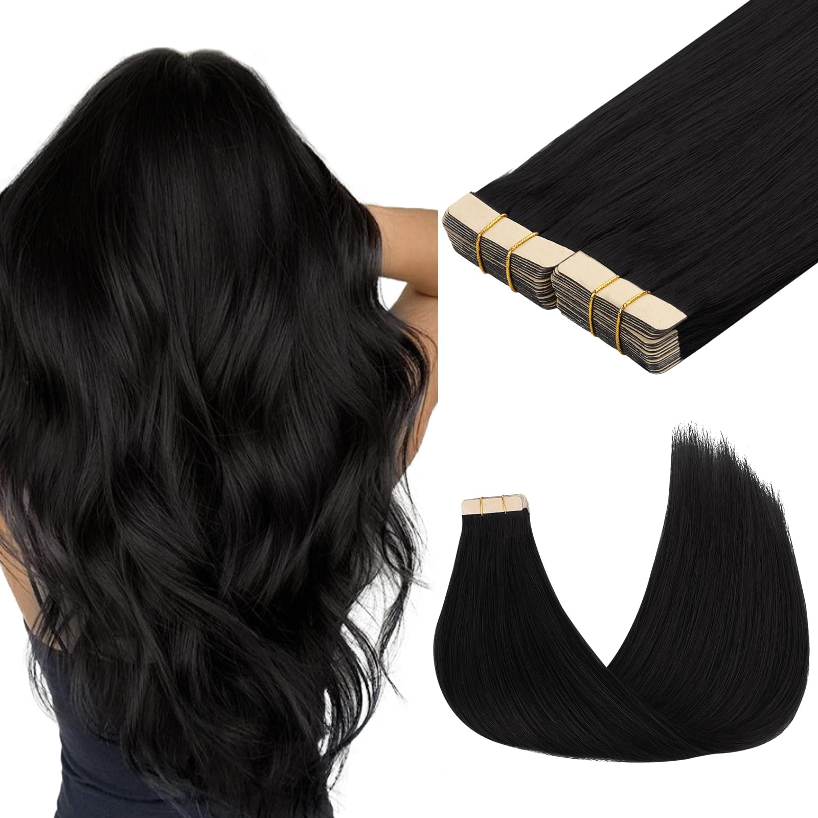Maxita Tape In Hair Extensions Jet Black 100% Remy Human Hair 22 Inch 40Pcs 100G/Pack Straight Seamless Real Hair Extensions Tap
