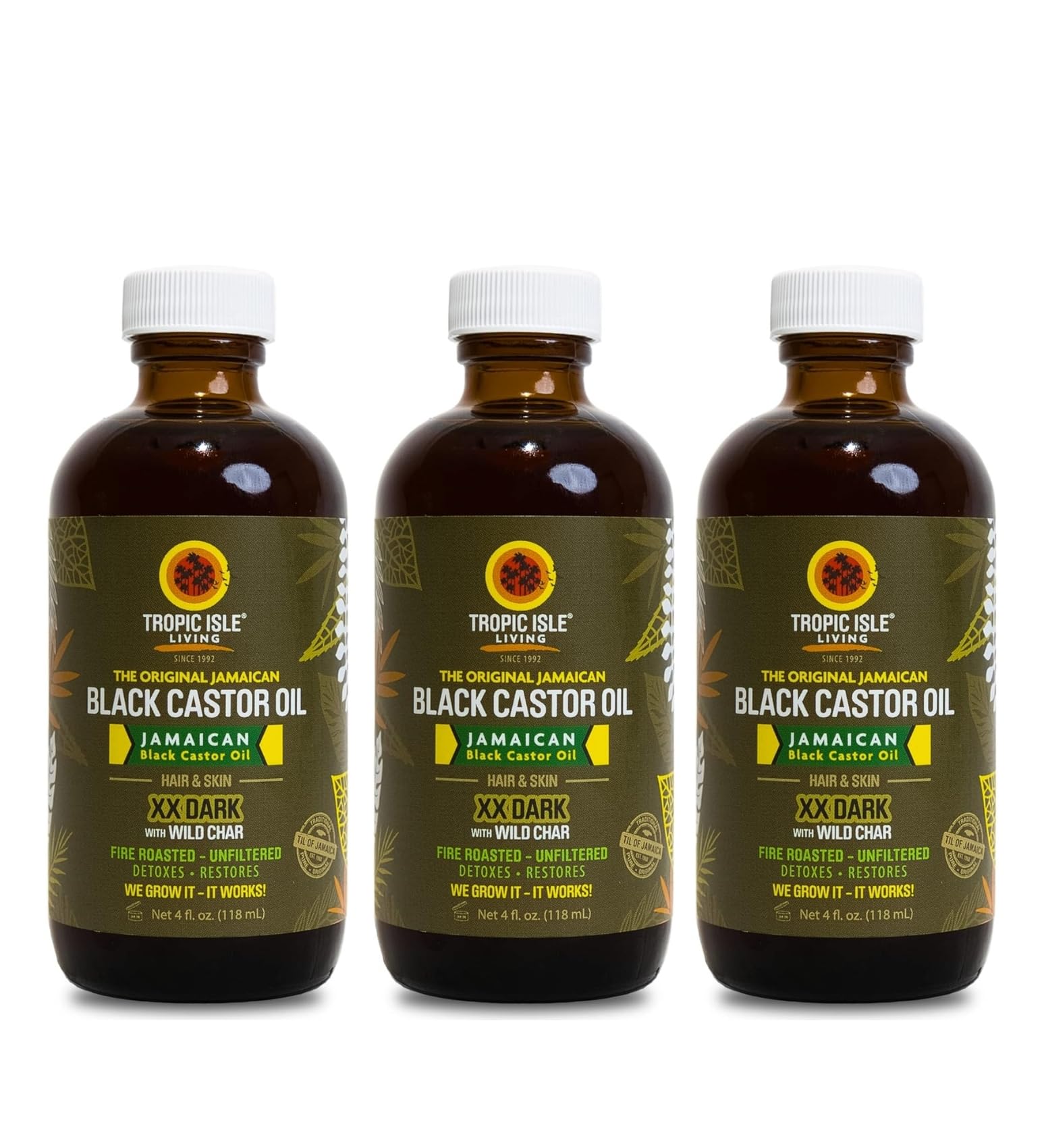 Tropic Isle Living Wild Growth Hair Oil  3x Jamaican Black CastorOil XX Dark 4oz Bundle with Coconut Oil, SheaOil, and JBCO  
