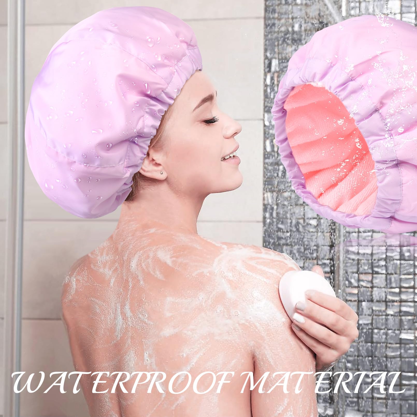 Shower Cap For Women Terry Lined Bath Cap Large Reusable Waterproof Elastic Band Pink Shower Caps For Long Thick Hair Soft Bath