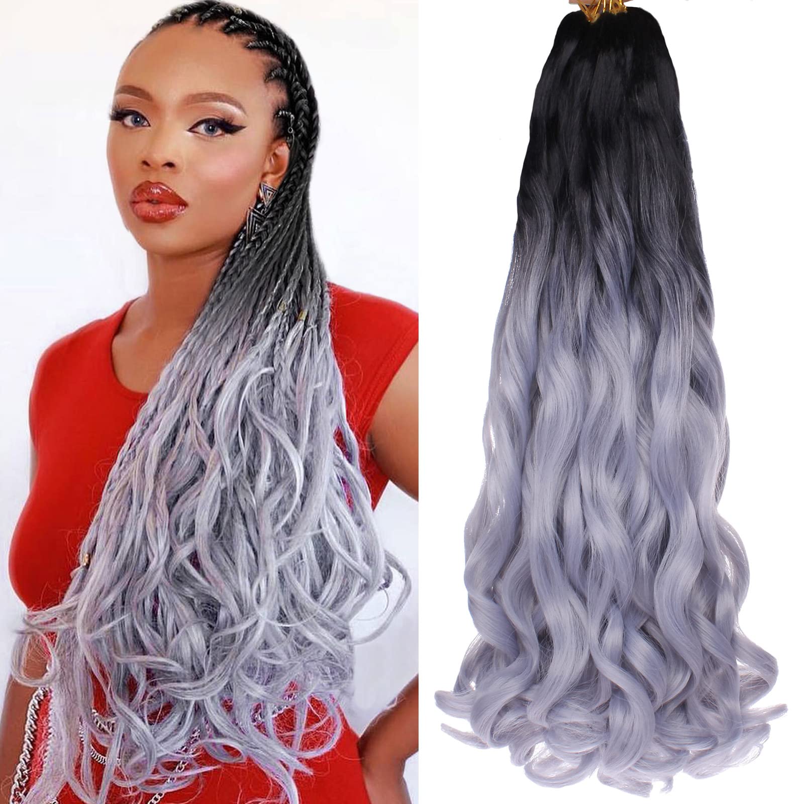 COOKOO 9 Packs 22 Inch Pre-stretched Ombre Grey French Curls Braiding Hair Spanish Curly Braids Hair Wavy Crochet Braids Hair Lo