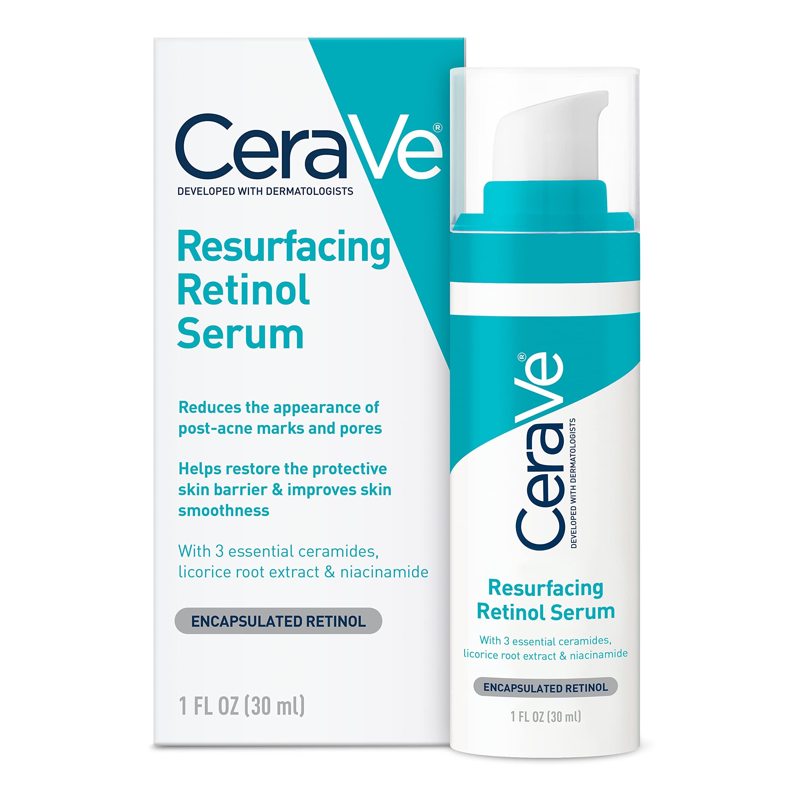 CeraVe Resurfacing Retinol Serum For Post Acne Marks, Formulated With Licorice Root Extract & Niacinamide, Brightening Serum & P