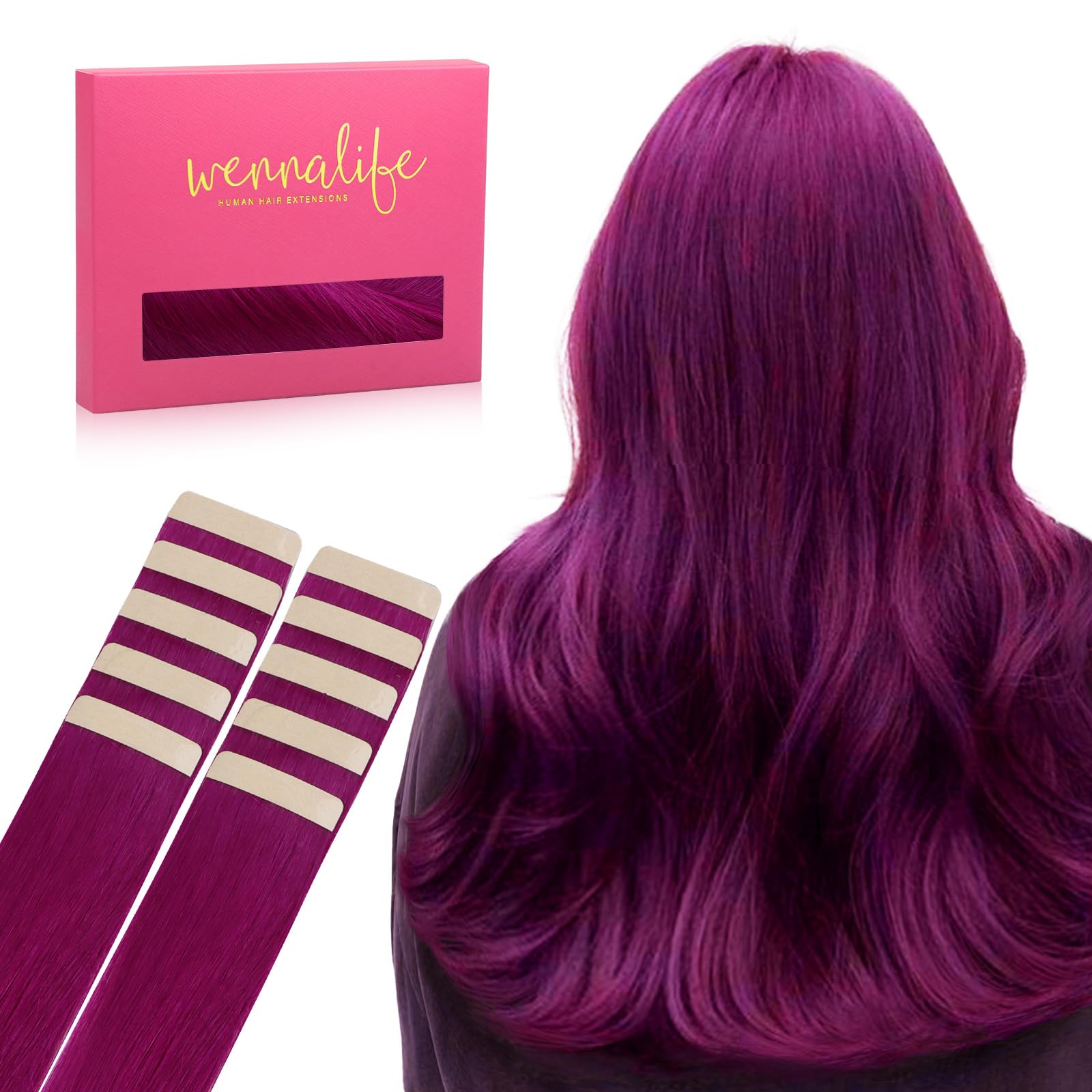 Wennalife Tape In Hair Extensions Human Hair Violet Tape In Extensions, 10Pcs 20G 10 Inch Remy Invisible Tape Ins Straight Color