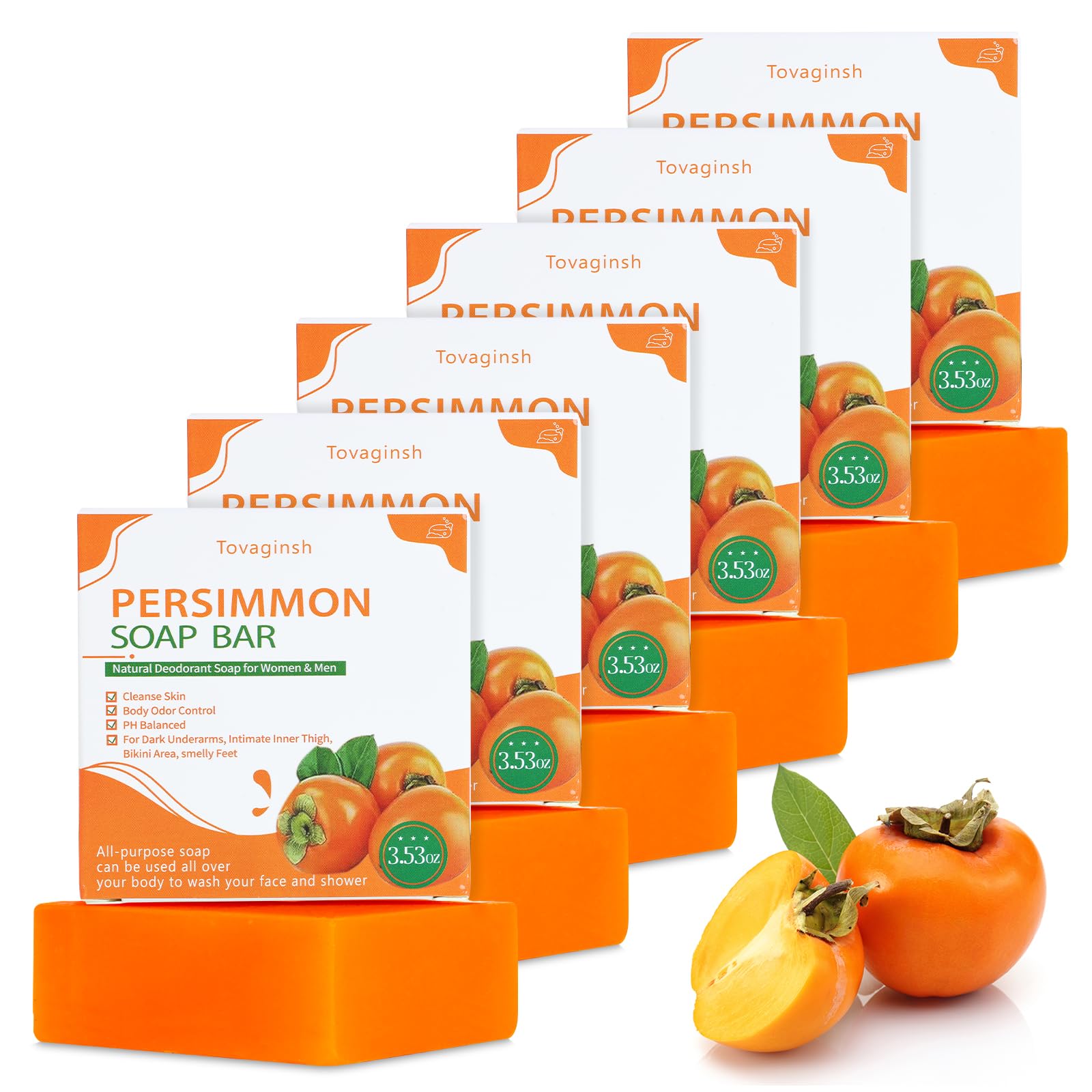 tovaginsh 6Pack Persimmon Soap Bar for Old People Smell Body Odor Control - Natural Persimmon Body Wash for Eliminating Body Odo