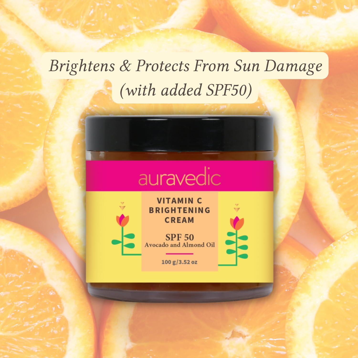 Auravedic Vitamin C Face Cream with SPF 50 | Reduces Sun Damage & Revives Dull Skin | Organic Hydration | Argan & Avocado Oil In