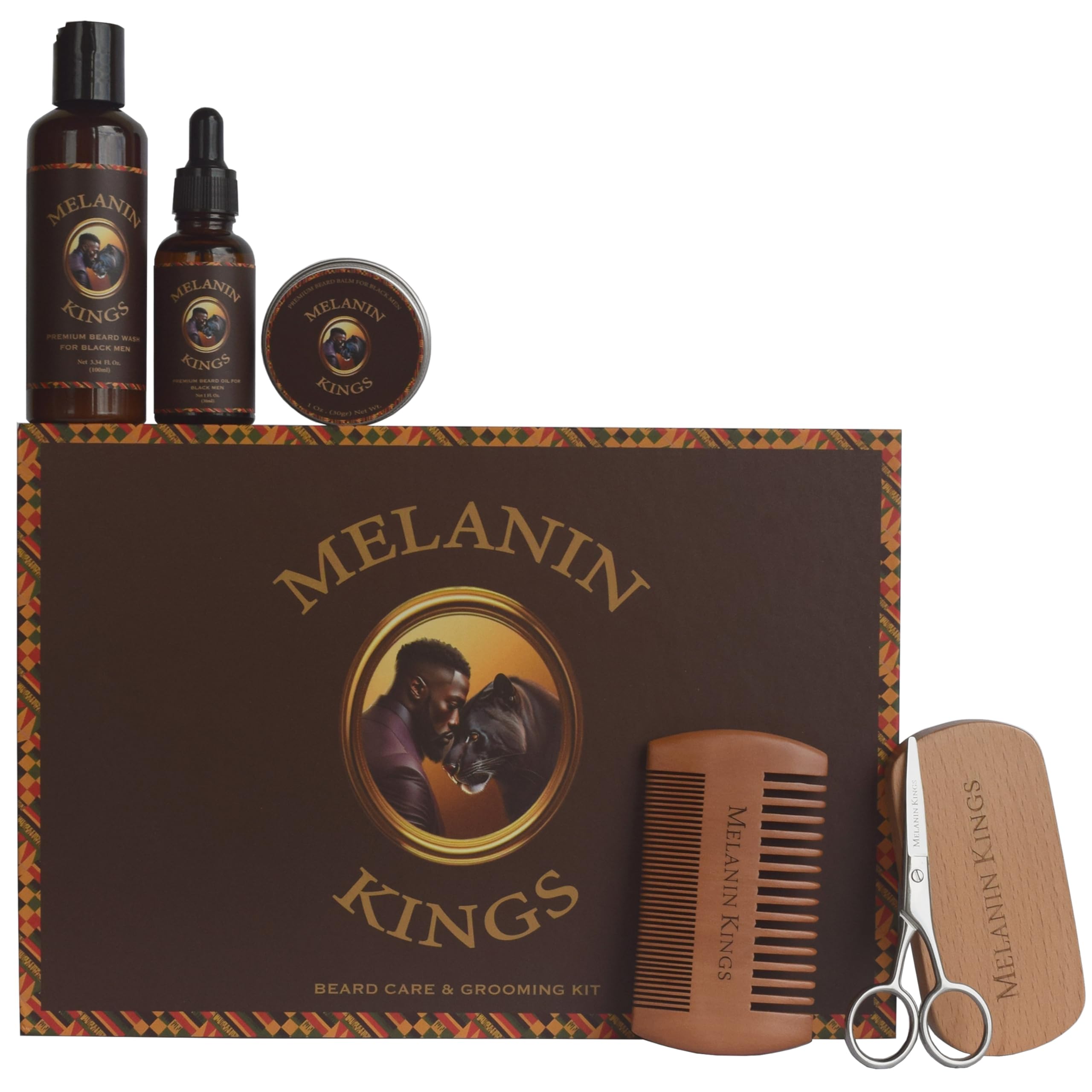 Melanin Kings Beard Grooming Kit For Men - Formulas With Ancient African Natural Ingredients | Beard Wash, Oil, Balm, Brush, Com