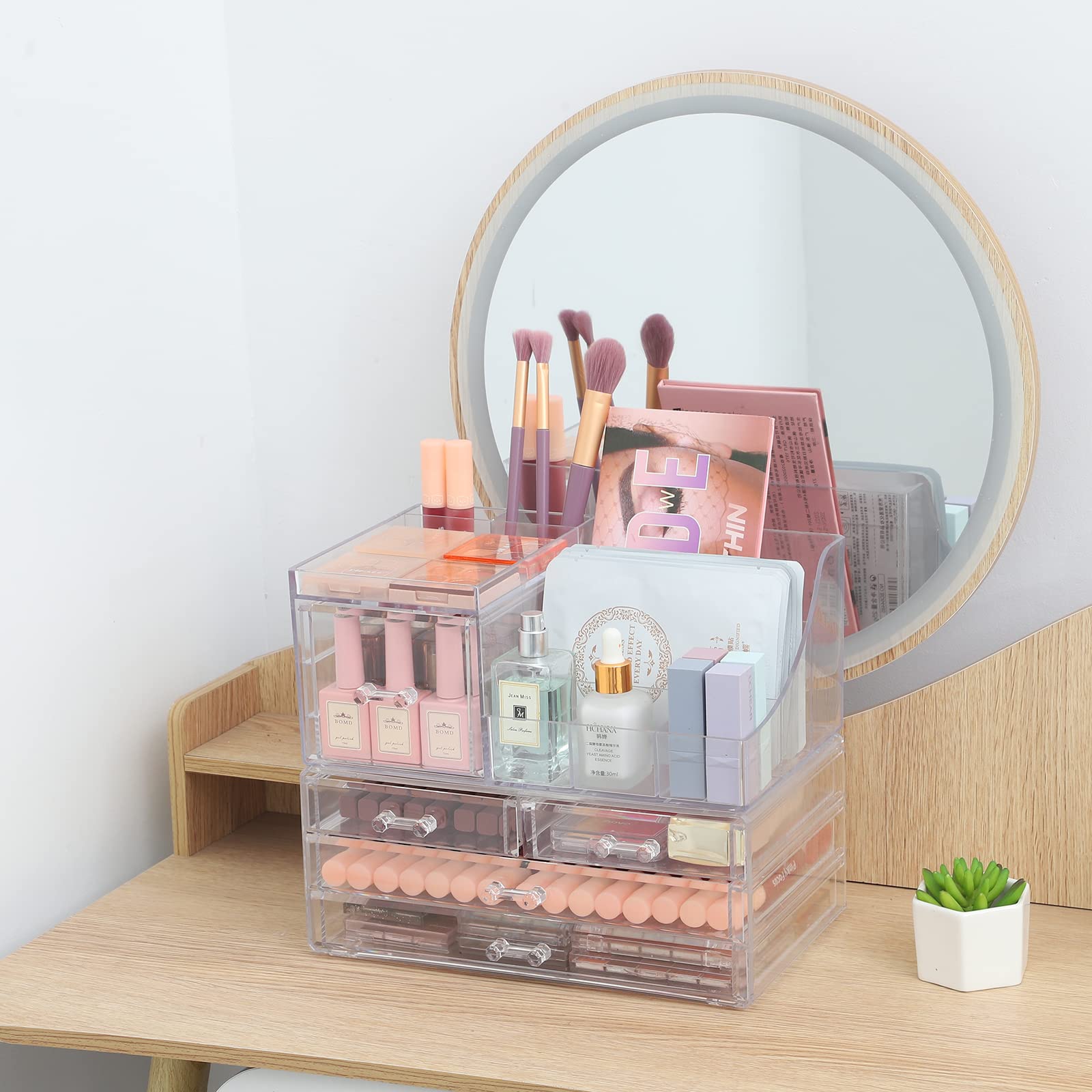 Cq Acrylic 2 Pack Clear Make Up Organizer Countertop,Stackable 5 Drawers Makeup Storage,Cute Vanity Organizers For Dresser Hair