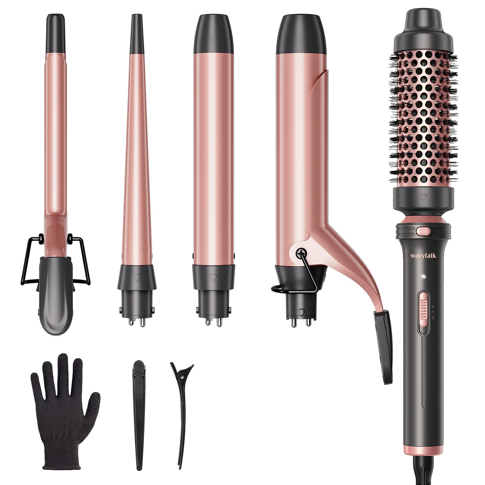 Wavytalk 5 in 1 Curling Iron Set, Rose Gold Ceramic Wand (0.35"-1.25"), Instant Heat, Dual Voltage with Curling Brush