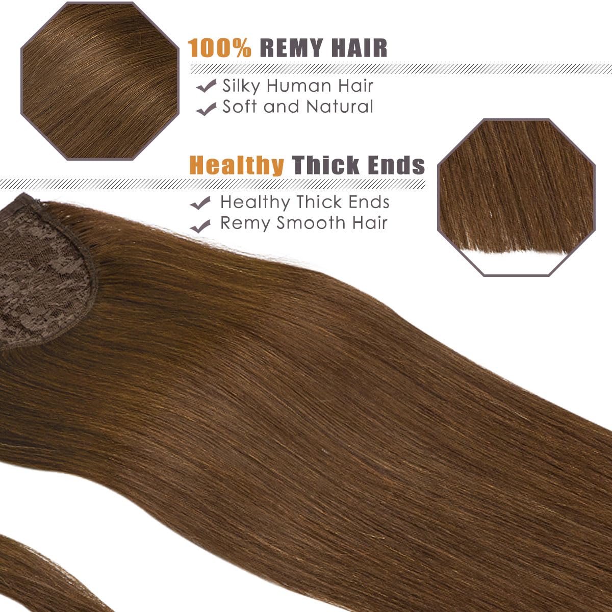 Lacer Brown Ponytail Extension Human Hair 20 Inch Long Natural Human Hair Ponytail Chocolate Brown Pony Tails Extensions Human H