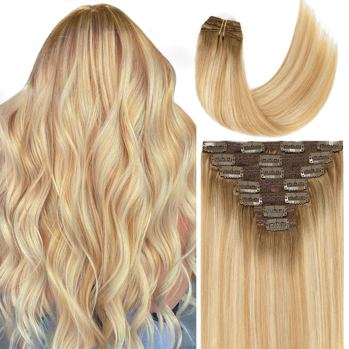 Caliee Hair Extensions Clip in Human Hair 16inch Invisible Double Weft Lace Clip in Hair Extenisons for Full Head 120g Balayage 