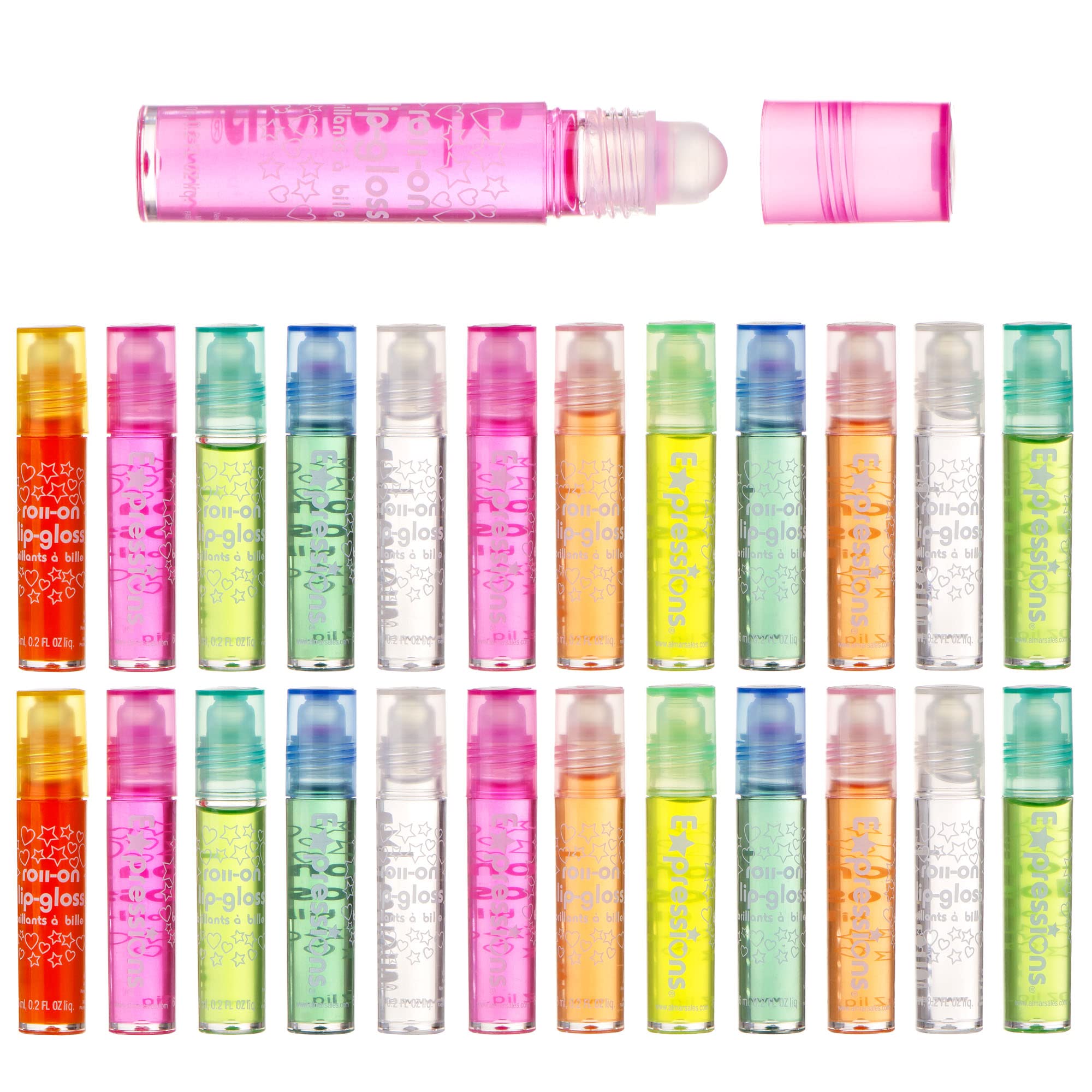 Expressions girl Roll On 24 Lip gloss Set with carrying case, 24-Piece glossy Lip Make-up for Kids and Teens - Fruity Flavors, N
