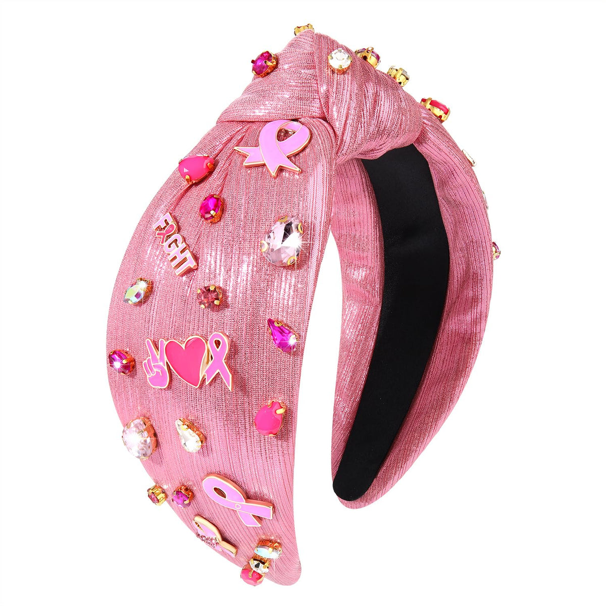 Rhinestone Knot Headband Breast Cancer Awareness Hairband Pink Ribbon Charm Headband for Women Girls Hair Accessories (Pink Ribb