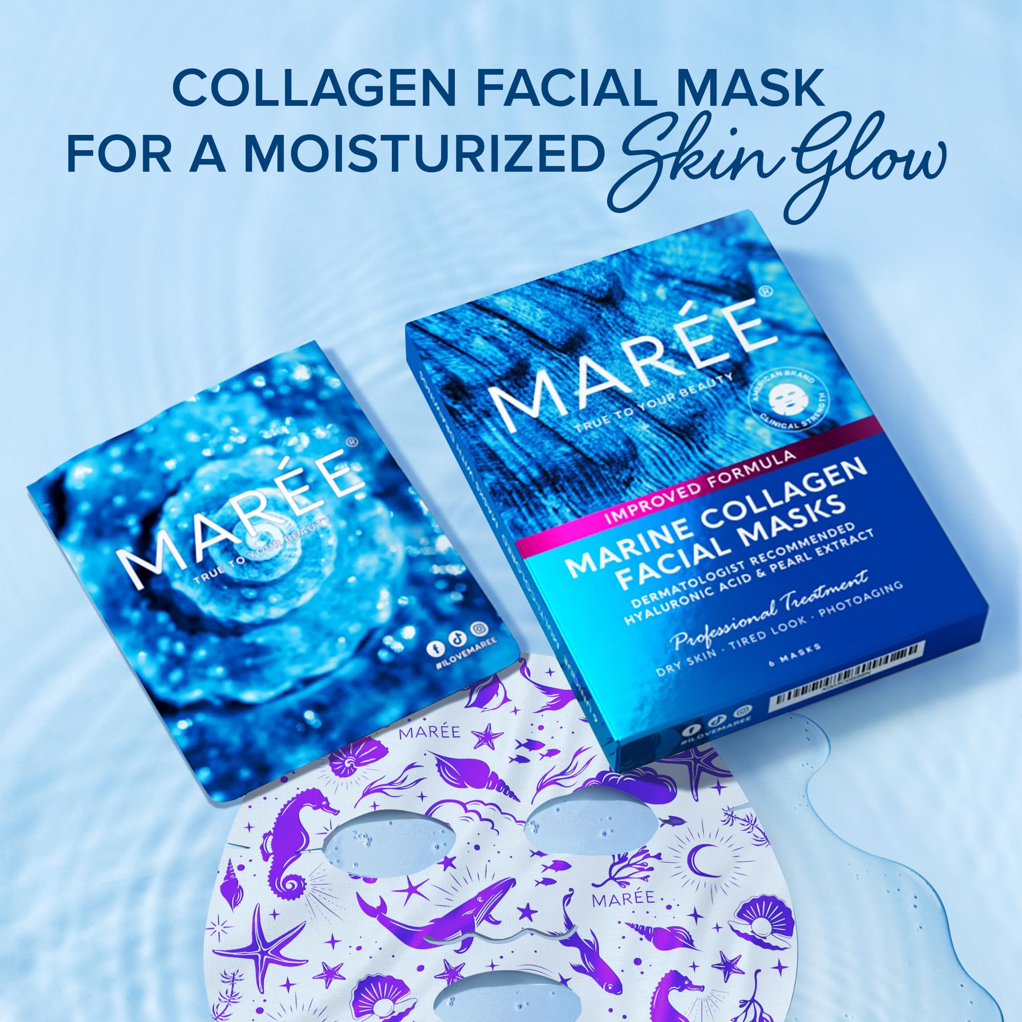 Maree Facial Masks For Skin Care & Beauty - Sheet Masks For Face With Natural Pearl Extract, Marine Collagen & Hyaluronic Acid -